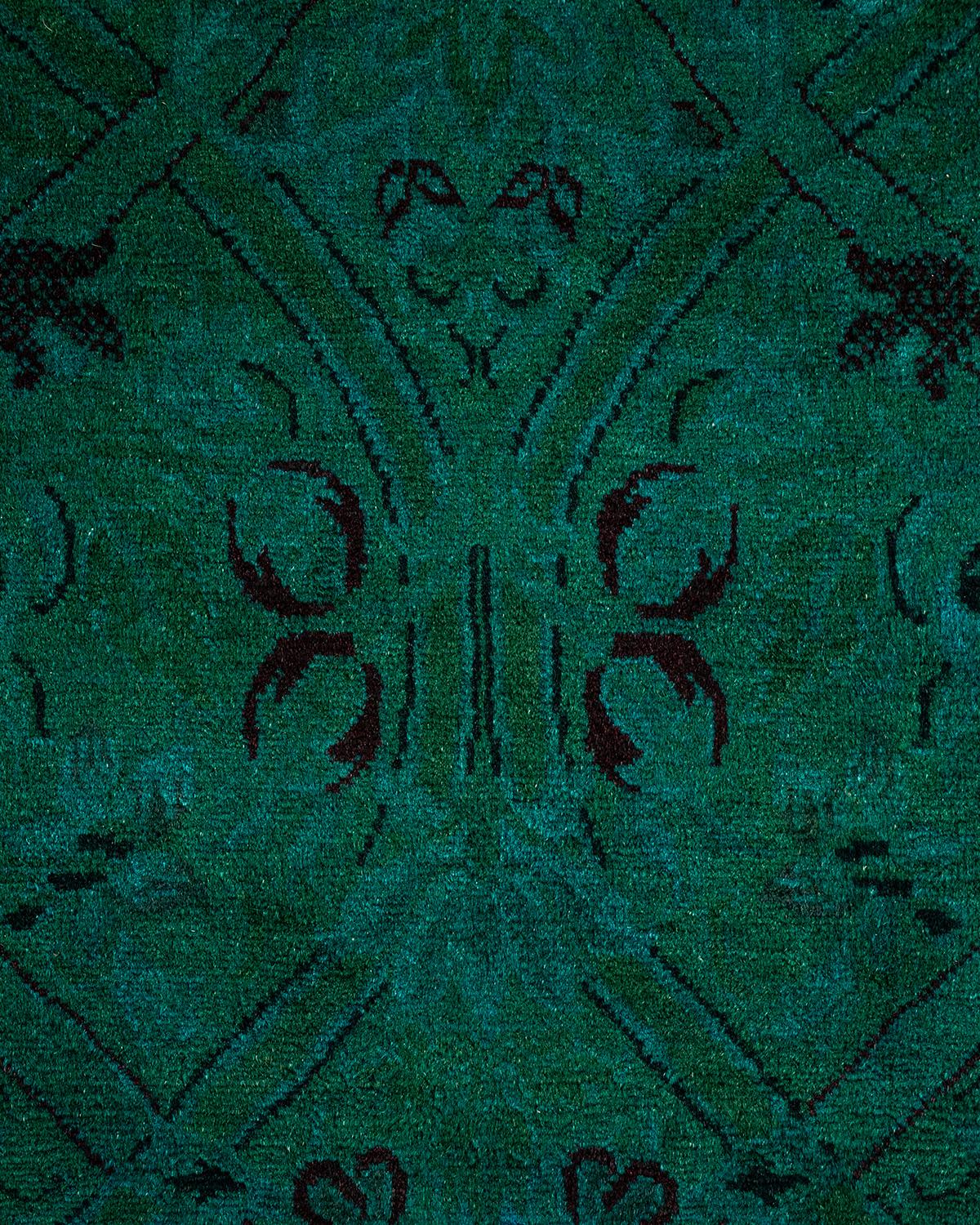 Pakistani Overdyed Hand Knotted Wool Green Area Rug For Sale