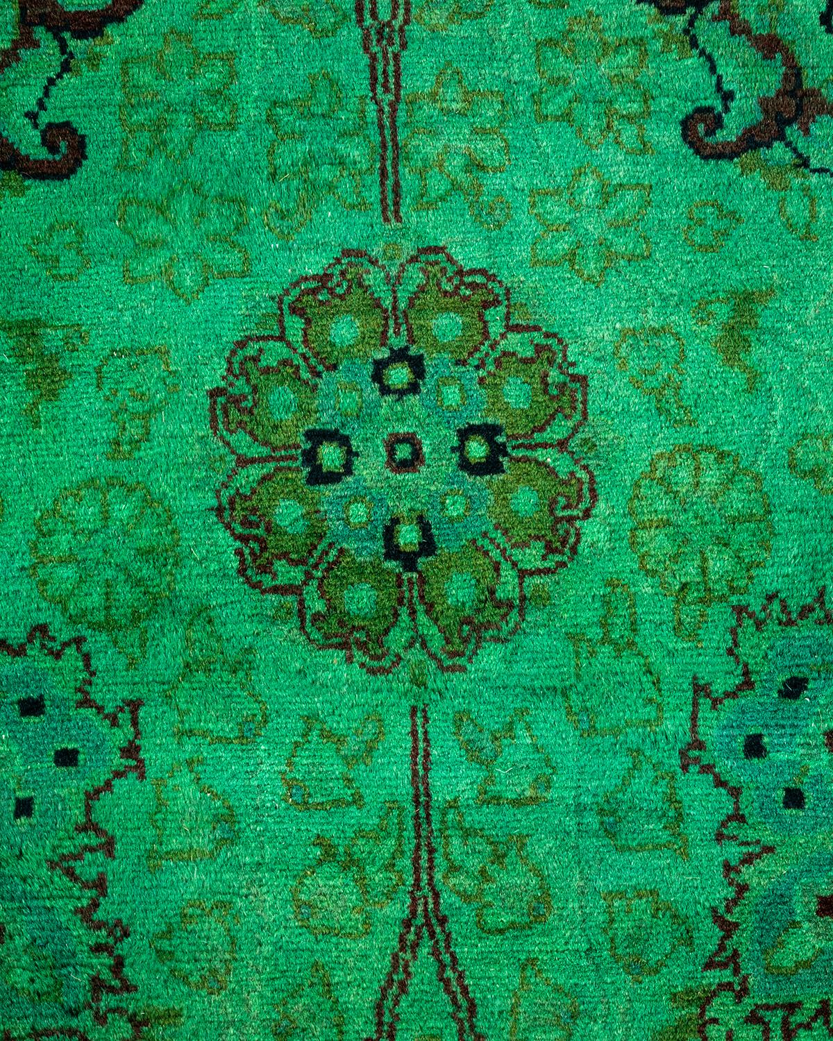 Pakistani Overdyed Hand Knotted Wool Green Area Rug For Sale