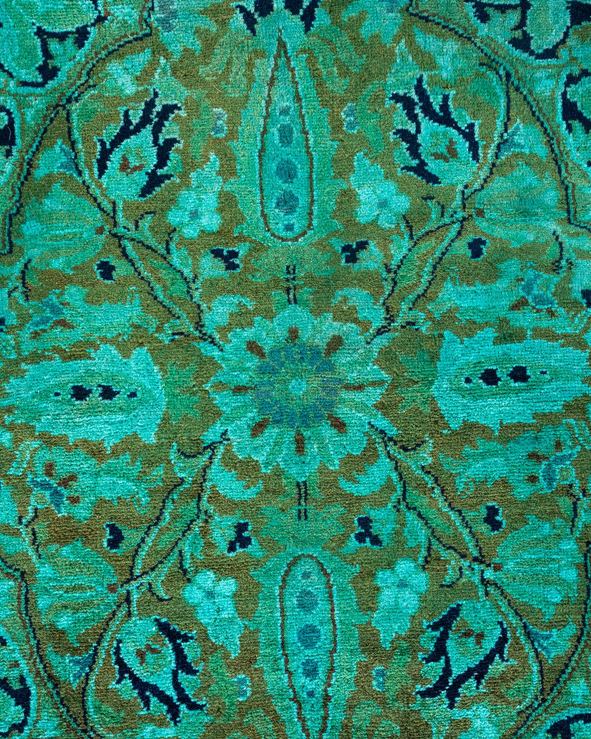 Pakistani Overdyed Hand Knotted Wool Green Area Rug For Sale