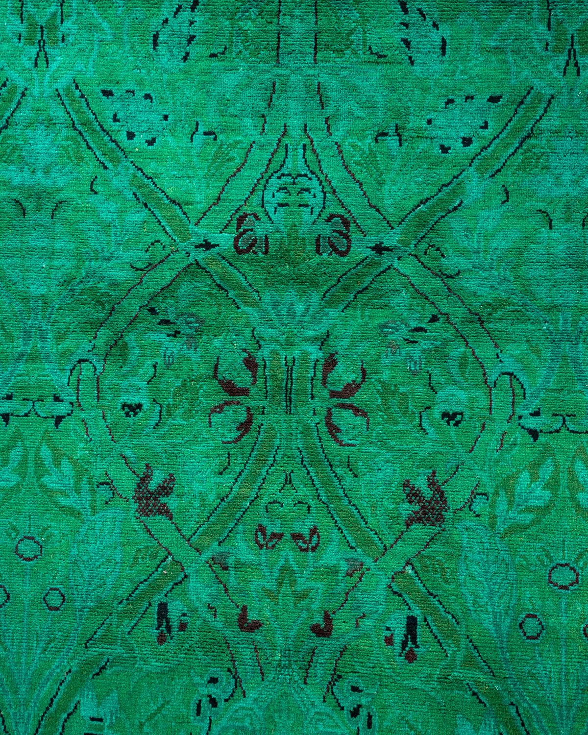 Pakistani Overdyed Hand Knotted Wool Green Area Rug For Sale