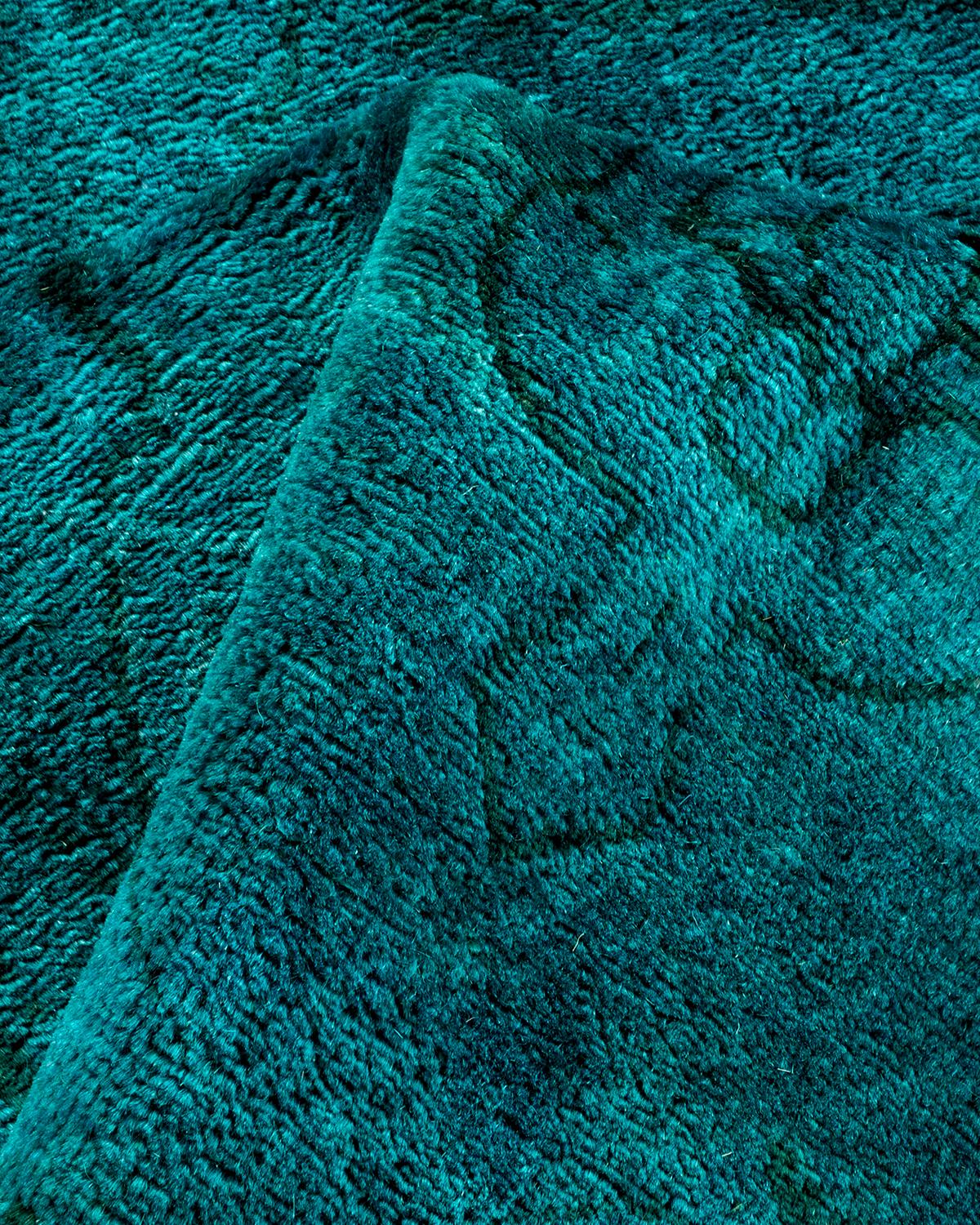 Overdyed Hand Knotted Wool Green Area Rug For Sale 2