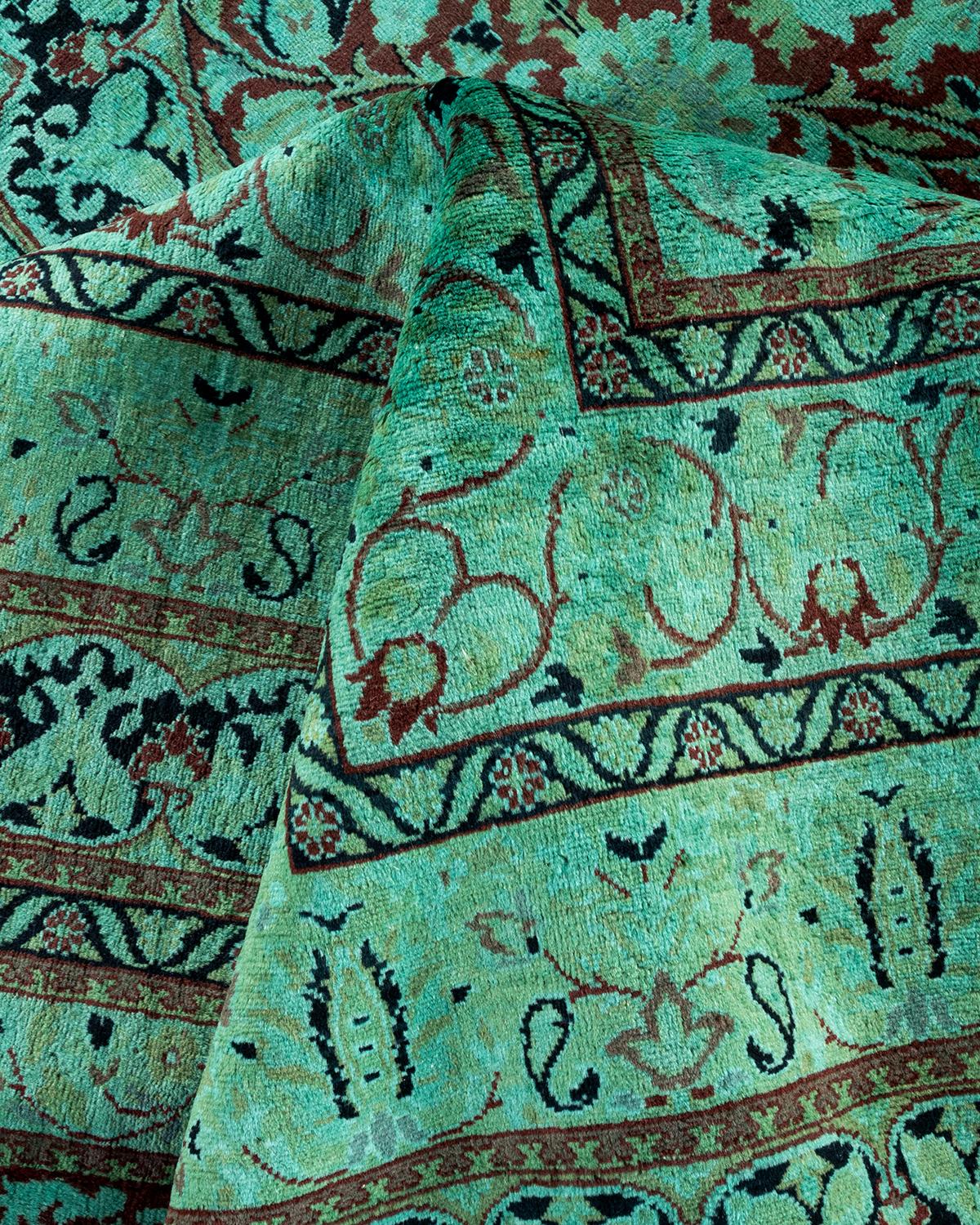 Overdyed Hand Knotted Wool Green Area Rug For Sale 2