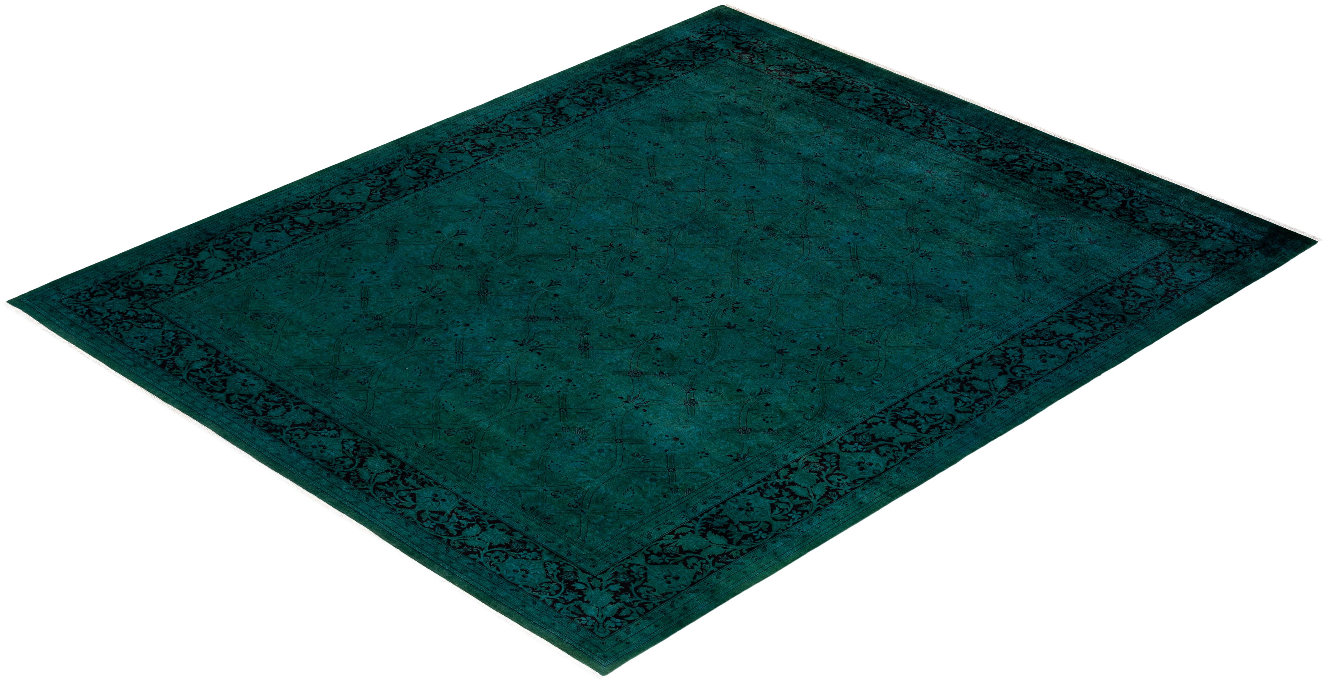 Overdyed Hand Knotted Wool Green Area Rug For Sale 3