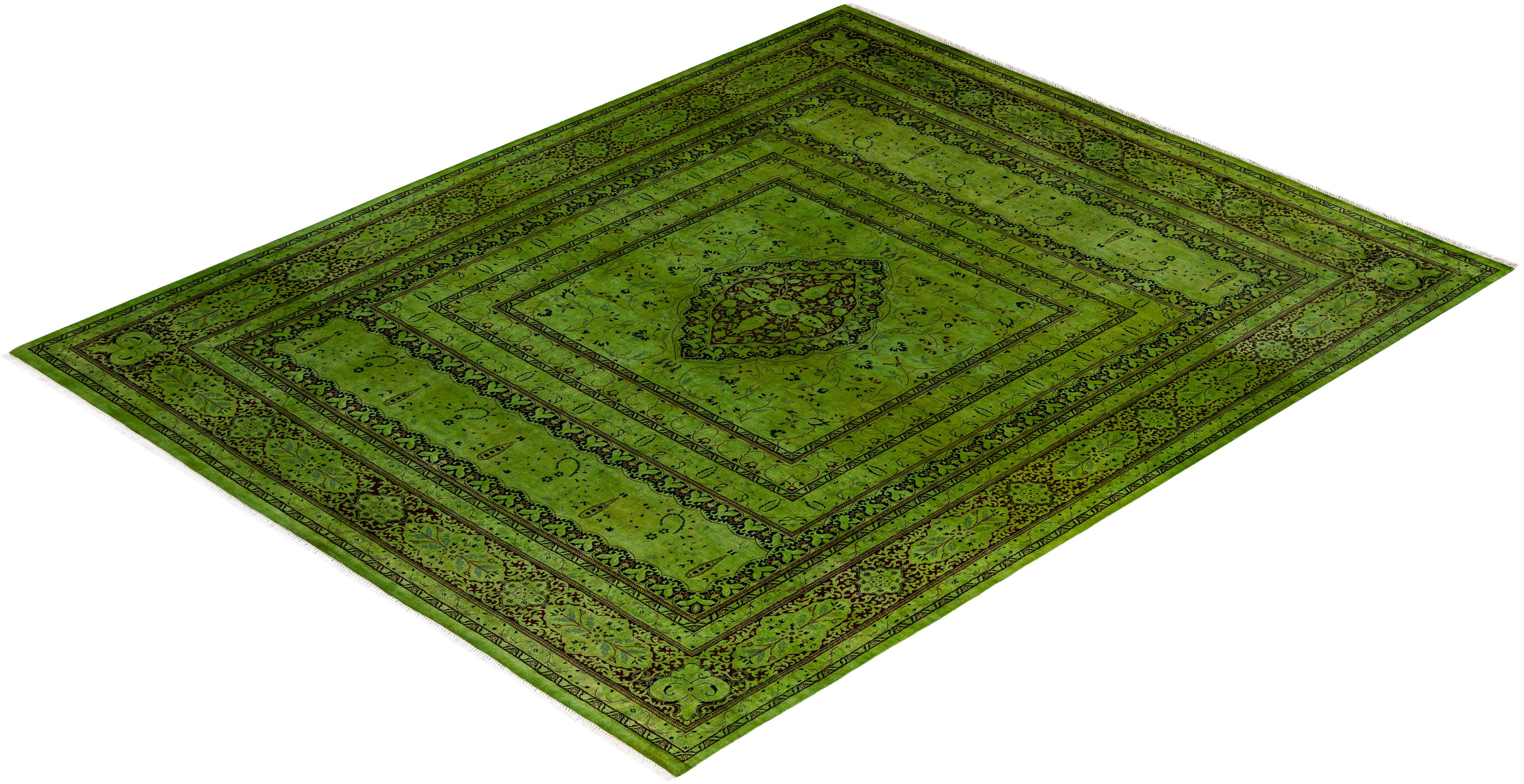 Overdyed Hand Knotted Wool Green Area Rug For Sale 3