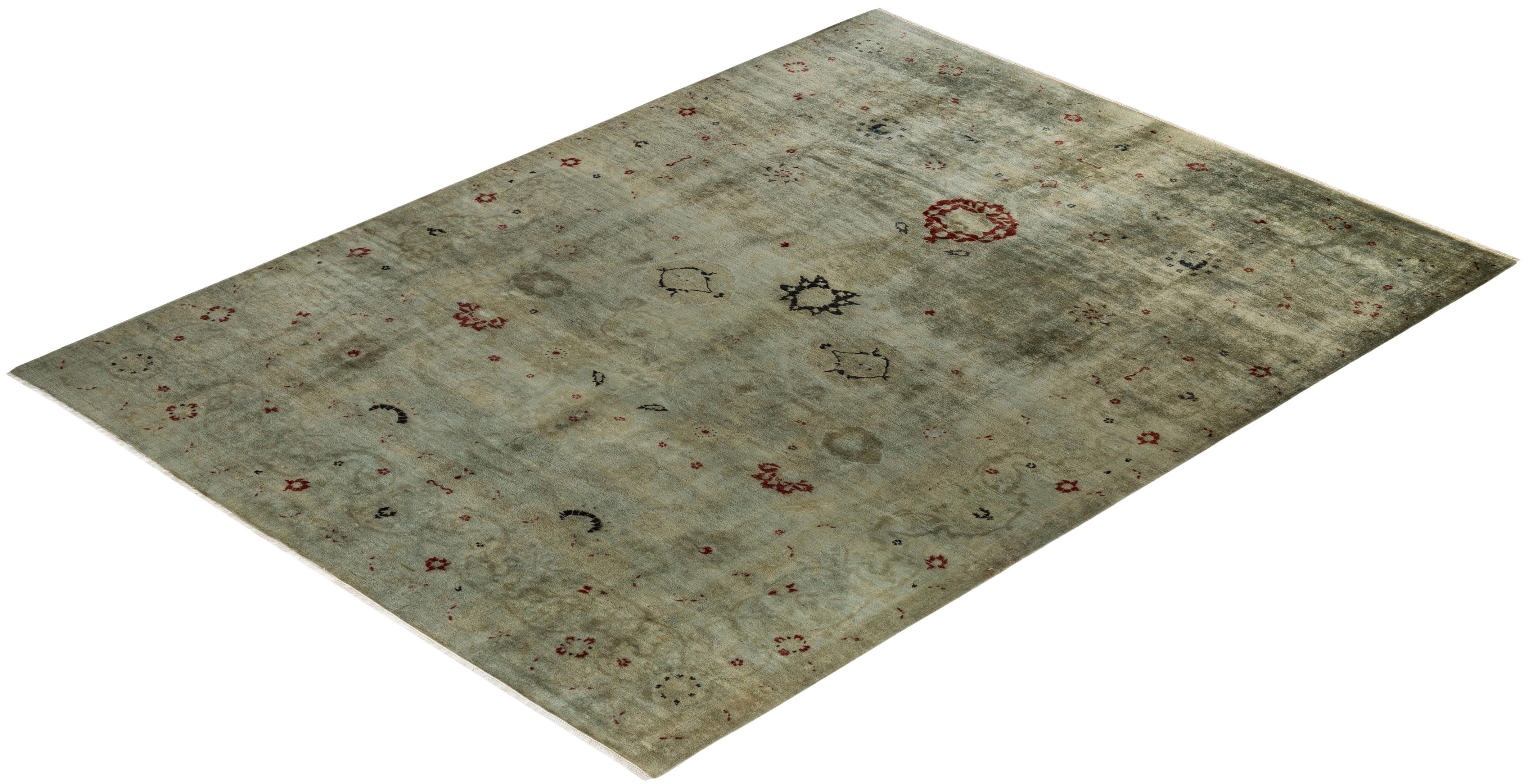 Overdyed Hand Knotted Wool Green Area Rug For Sale 3