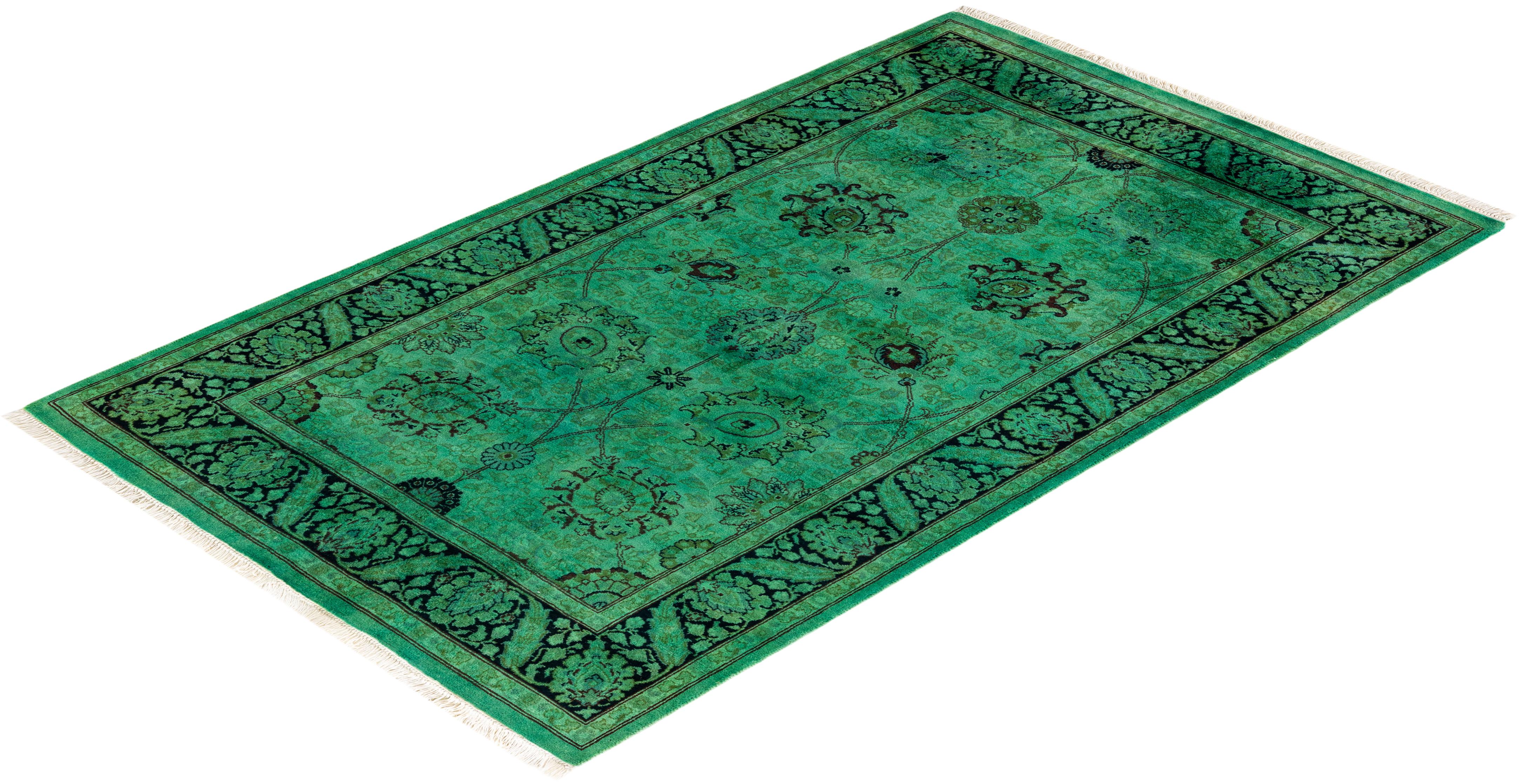 Overdyed Hand Knotted Wool Green Area Rug For Sale 3