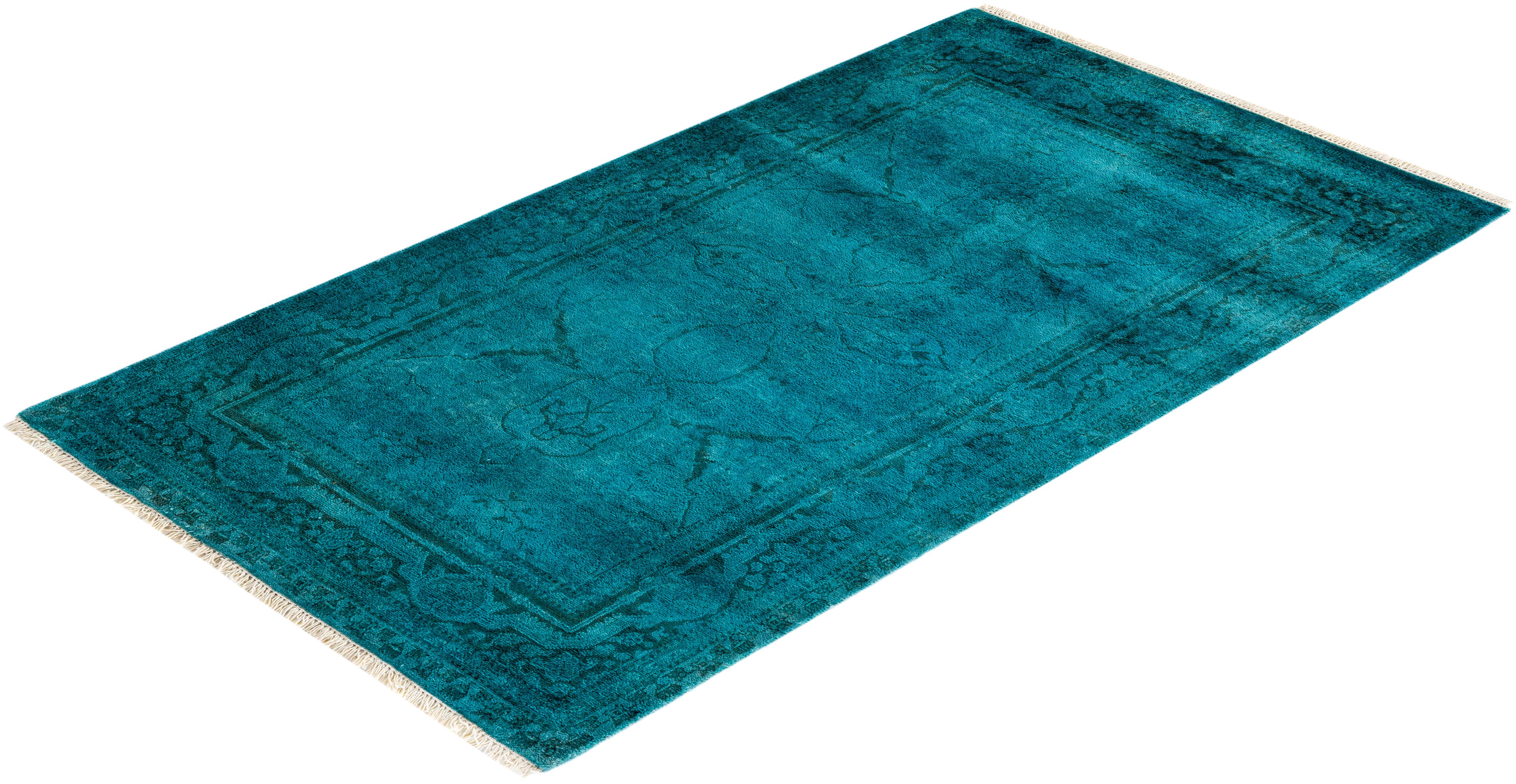 Overdyed Hand Knotted Wool Green Area Rug For Sale 3