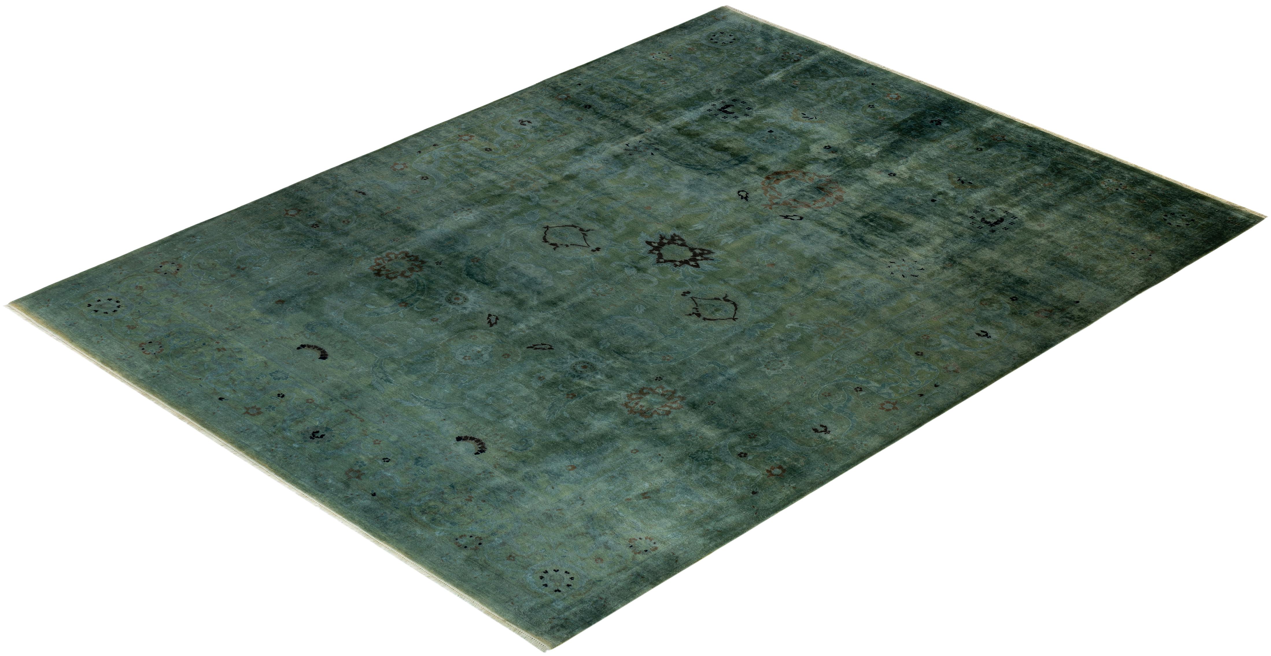 Overdyed Hand Knotted Wool Green Area Rug For Sale 3