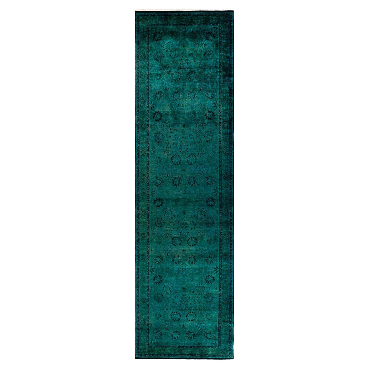 Overdyed Hand Knotted Wool Green Area Rug For Sale