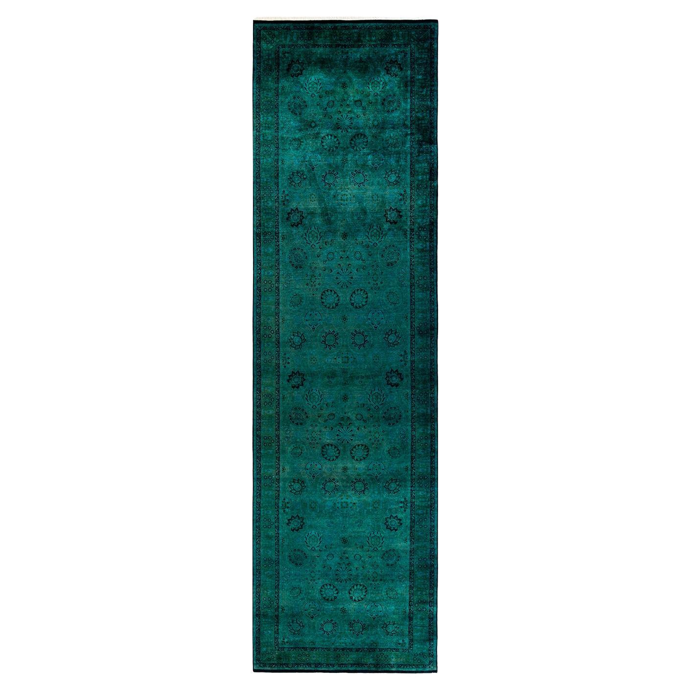 Overdyed Hand Knotted Wool Green Area Rug