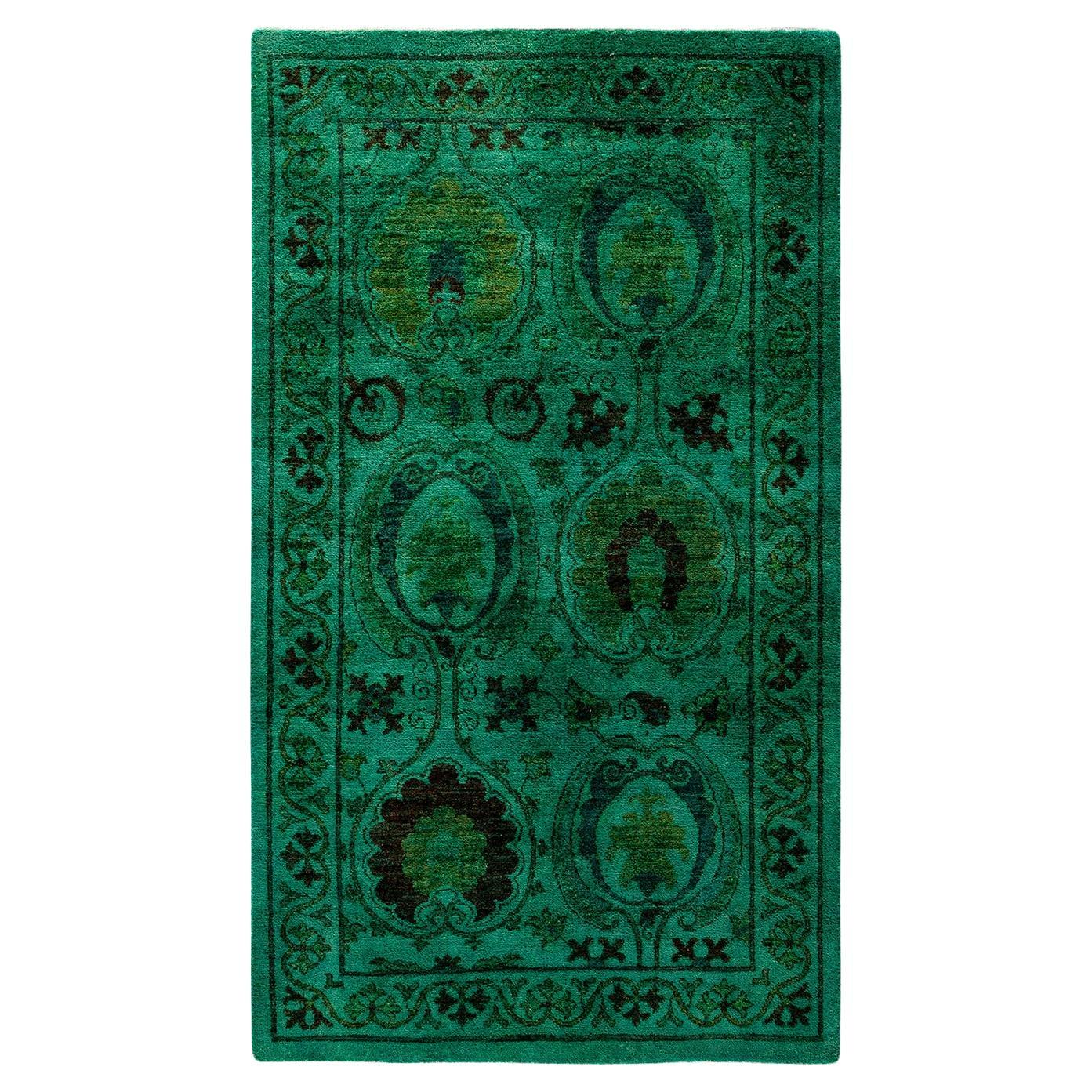 Overdyed Hand Knotted Wool Green Area Rug For Sale