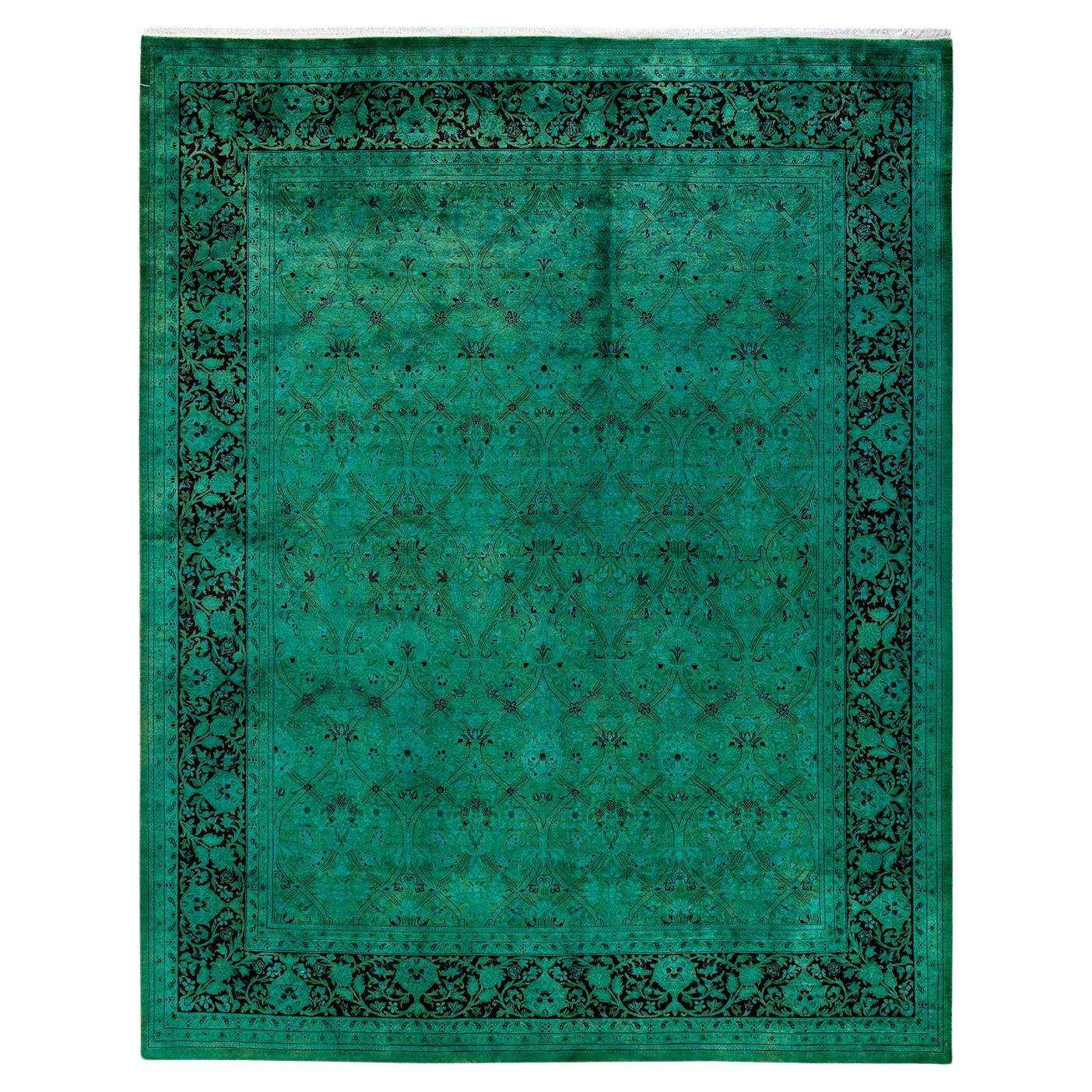 Overdyed Hand Knotted Wool Green Area Rug