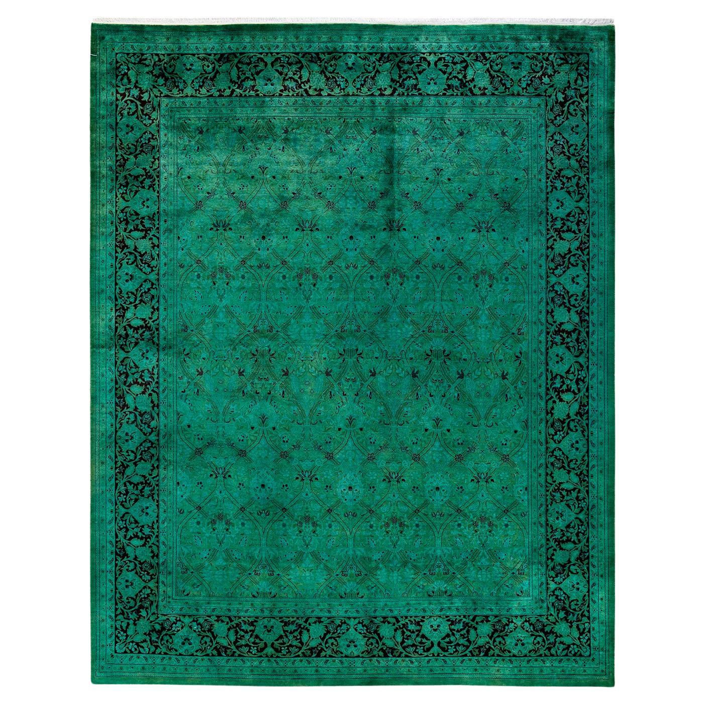 Overdyed Hand Knotted Wool Green Area Rug For Sale