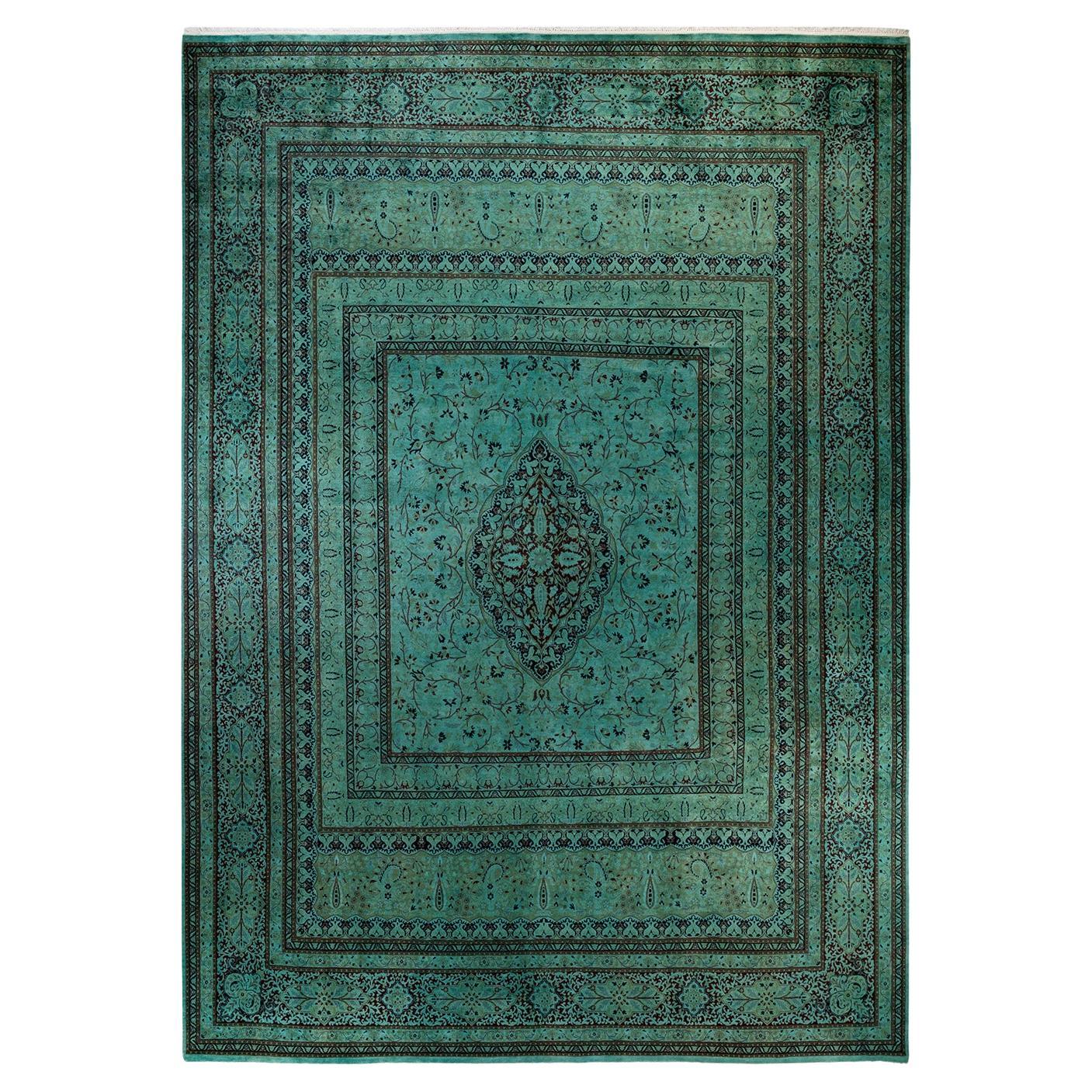 Overdyed Hand Knotted Wool Green Area Rug For Sale
