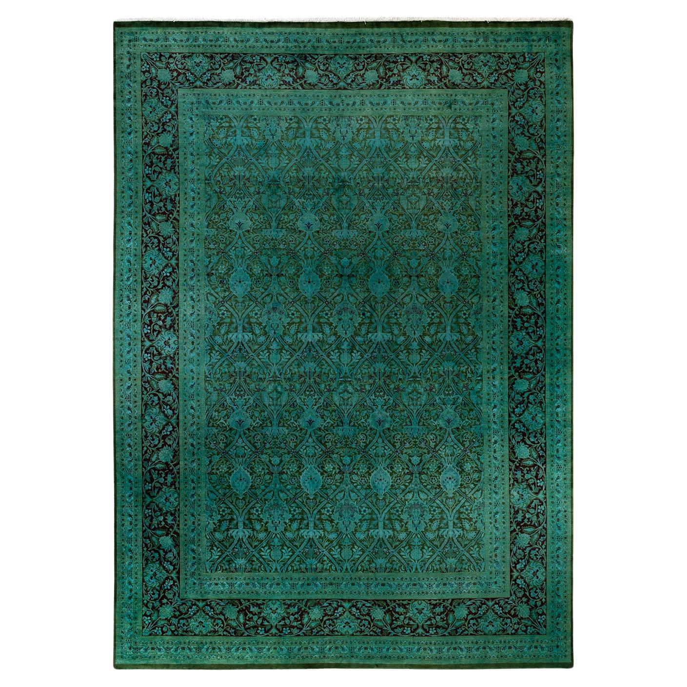 Overdyed Hand Knotted Wool Green Area Rug