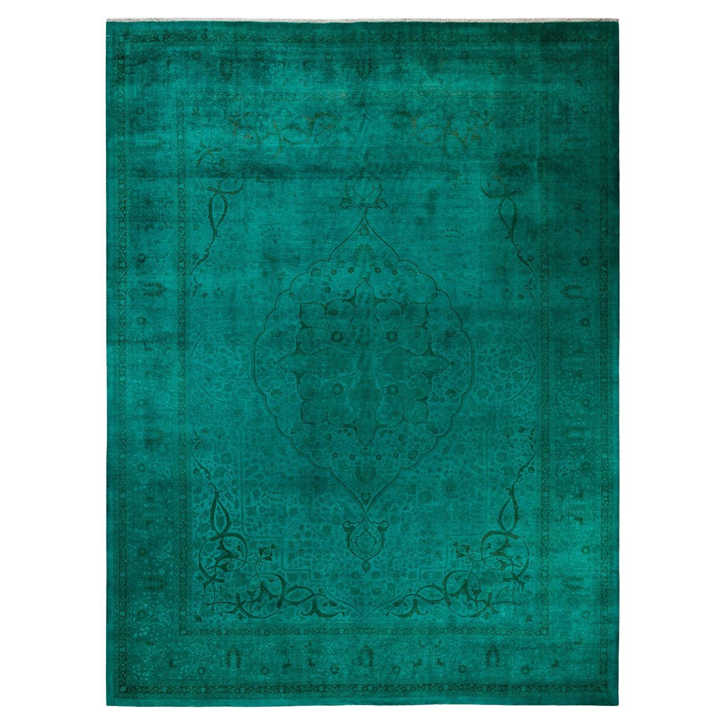 Overdyed Hand Knotted Wool Green Area Rug