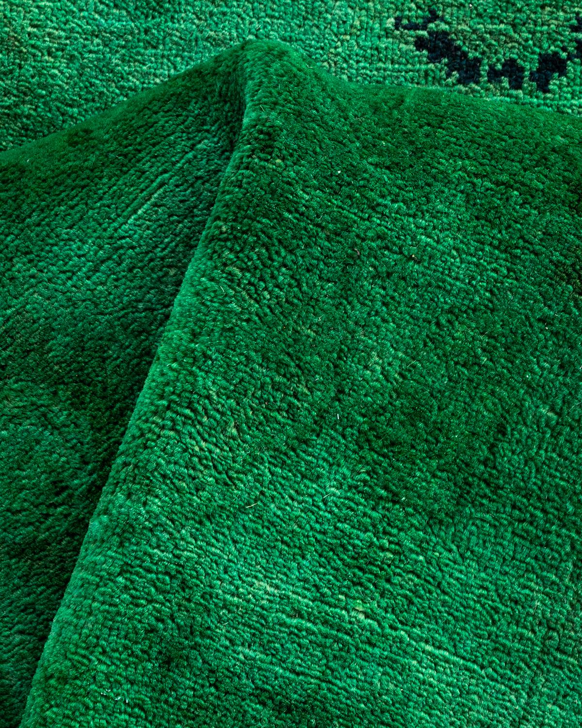 Overdyed Hand Knotted Wool Green Runner For Sale 2