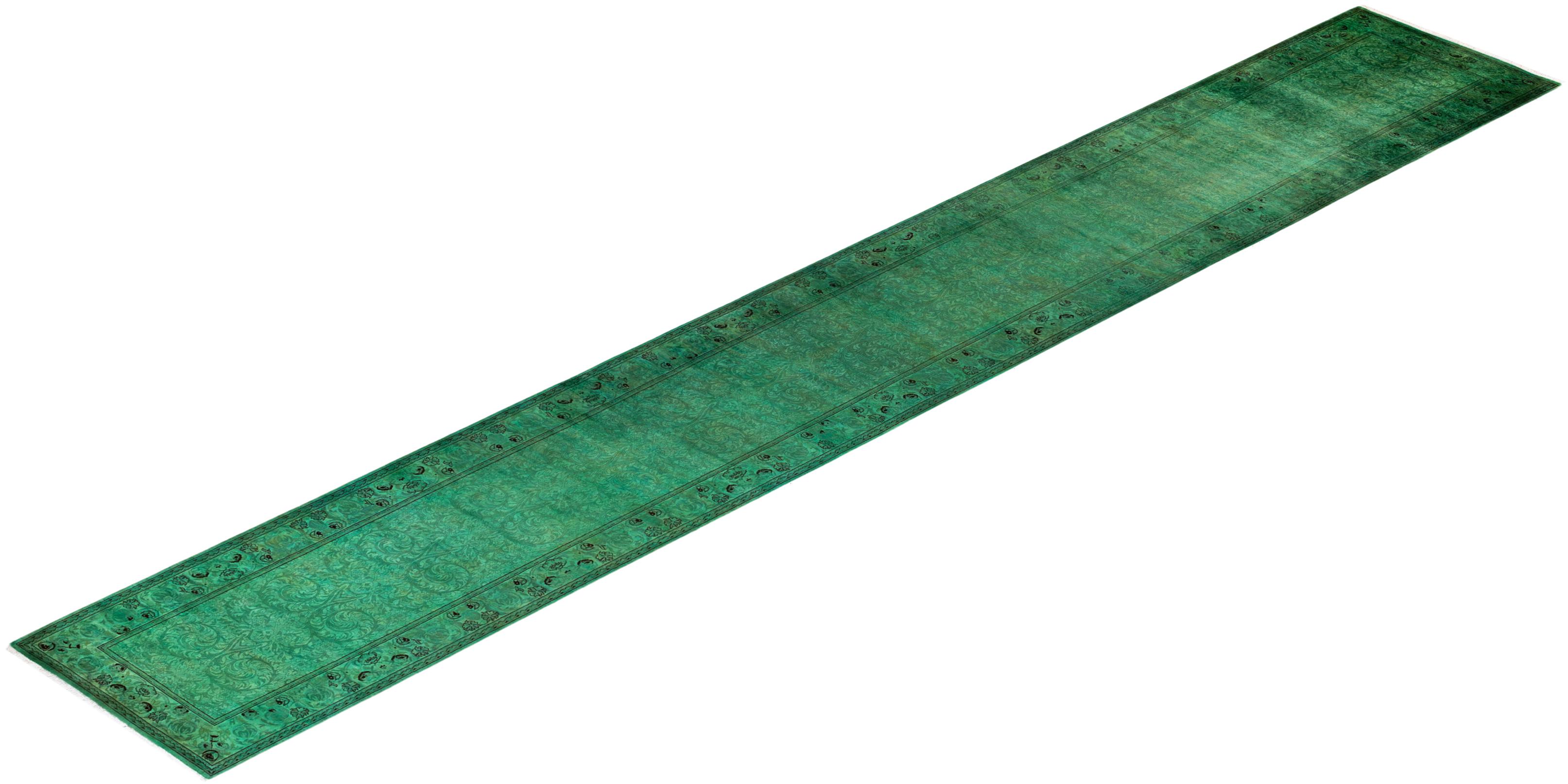 Overdyed Hand Knotted Wool Green Runner For Sale 3