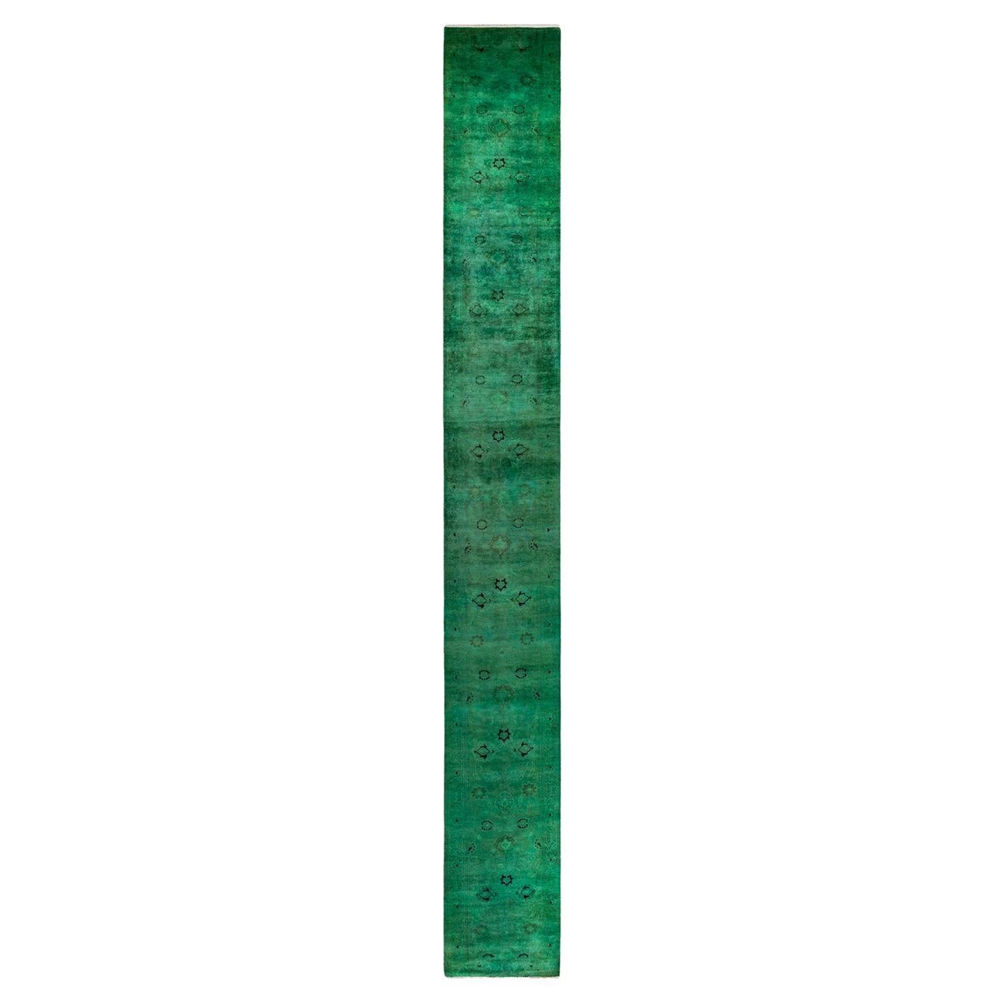 Overdyed Hand Knotted Wool Green Runner For Sale