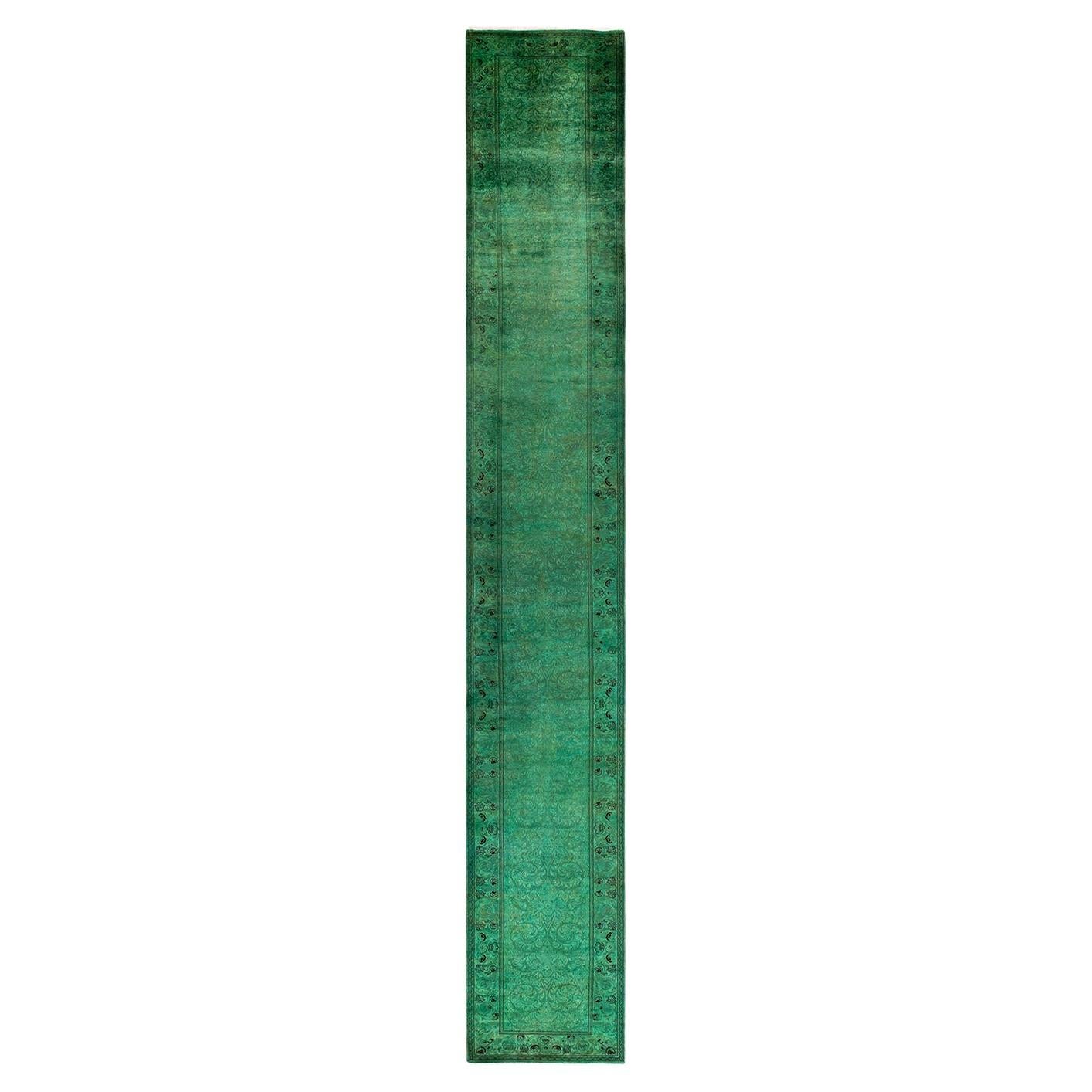 Overdyed Hand Knotted Wool Green Runner For Sale