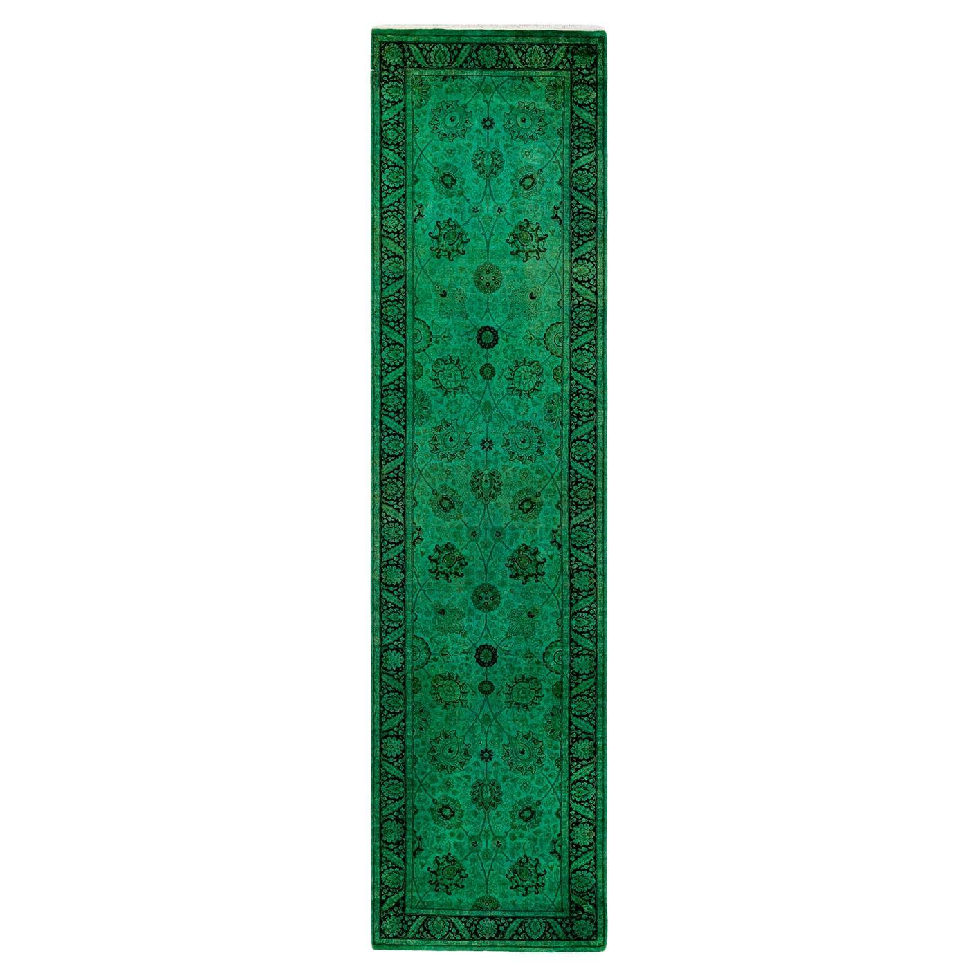 Overdyed Hand Knotted Wool Green Runner