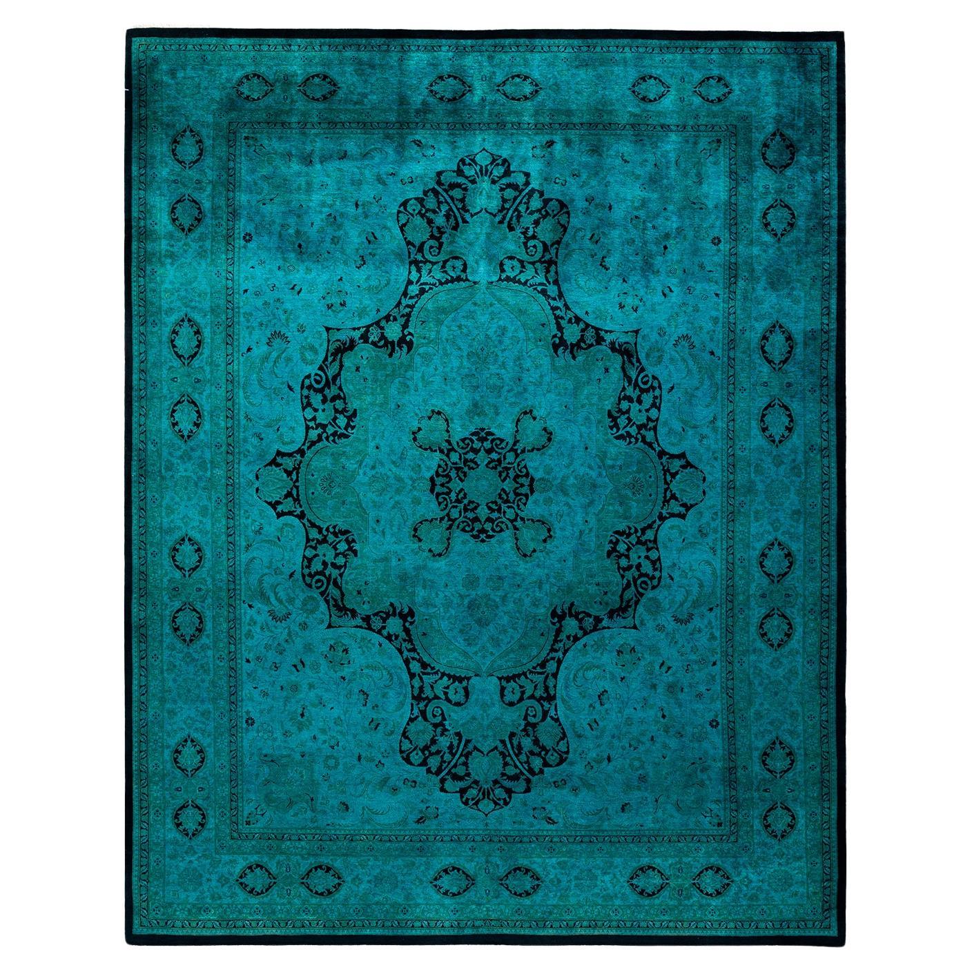 Overdyed Hand Knotted Wool Light Blue Area Rug