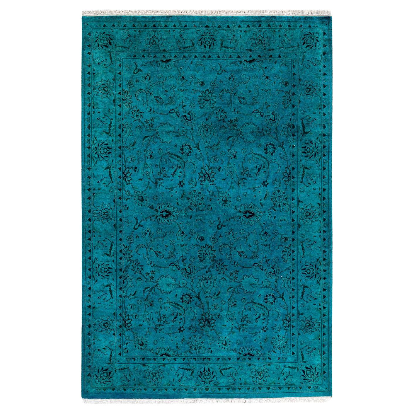 Overdyed Hand Knotted Wool Light Blue Area Rug For Sale