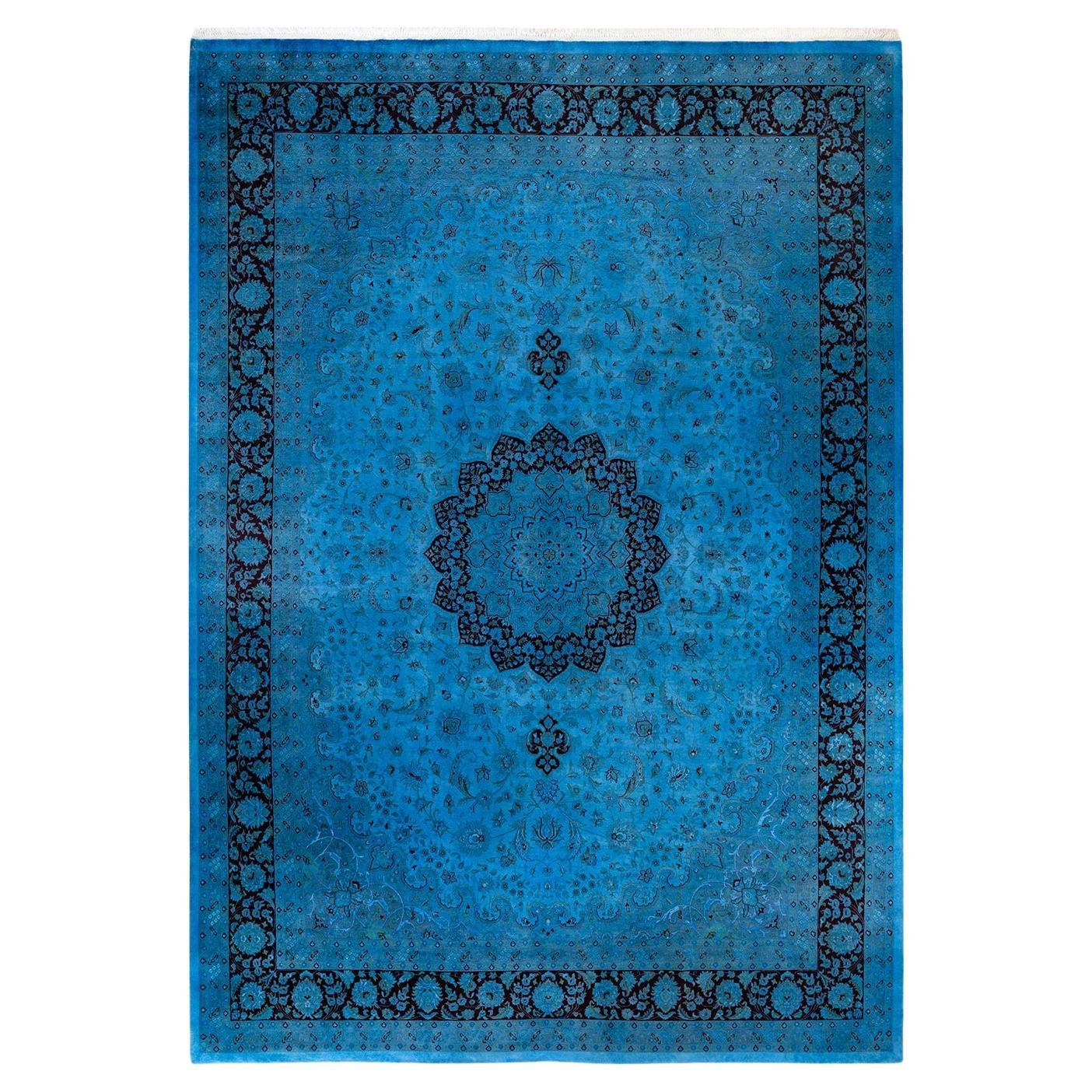 Overdyed Hand Knotted Wool Light Blue Area Rug
