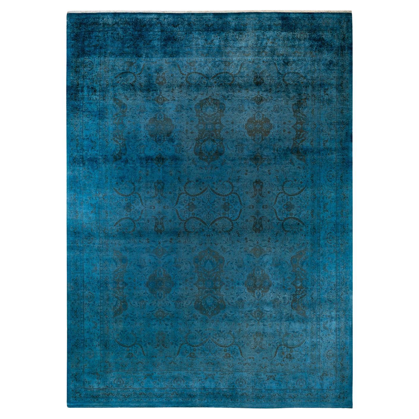 Tappeto Overdyed in lana annodata a mano di colore blu chiaro
