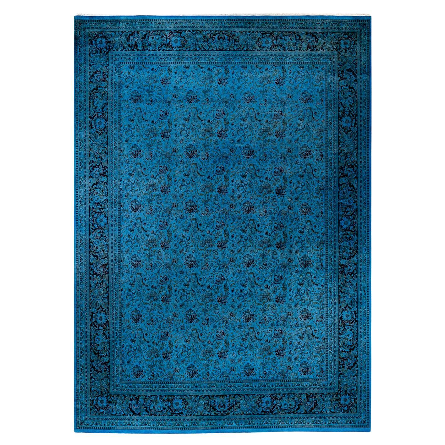 Overdyed Hand Knotted Wool Light Blue Area Rug For Sale