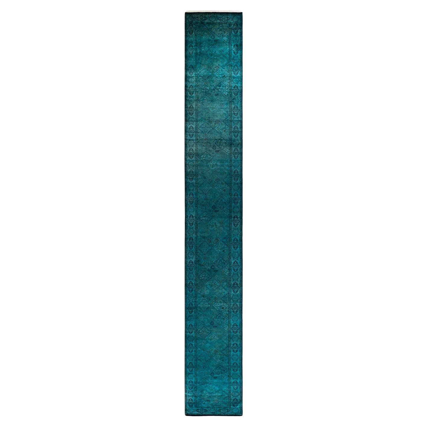 Overdyed Hand Knotted Wool Light Blue Runner