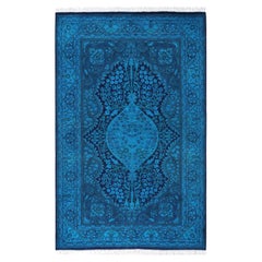 Tappeto blu moderno-contemporaneo in lana Overdyed annodato a mano 3' 3" x 5' 2"