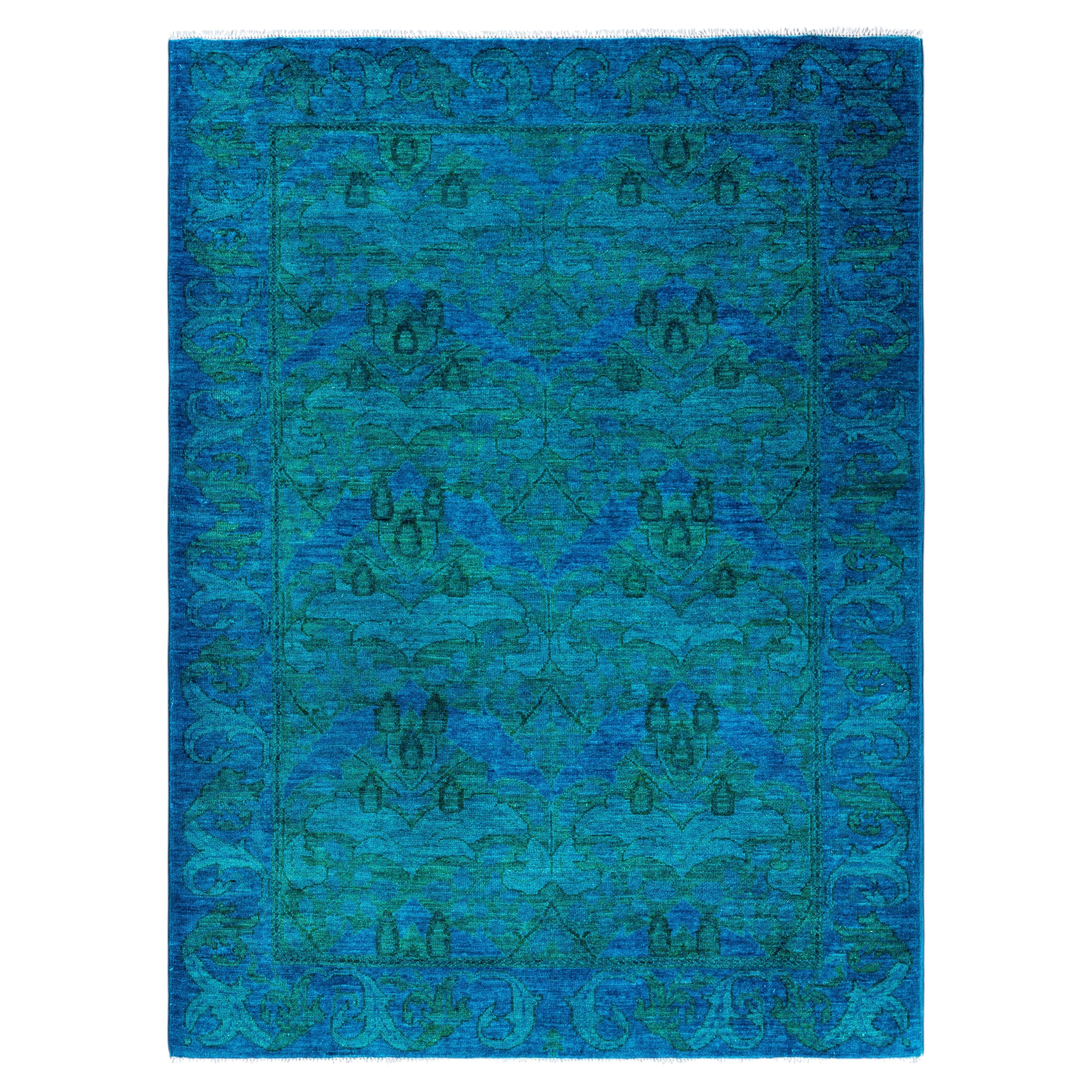 Overdyed Hand-Knotted Wool Modern-Contemporary Blue Area Rug 4' 1" x 5' 7" For Sale
