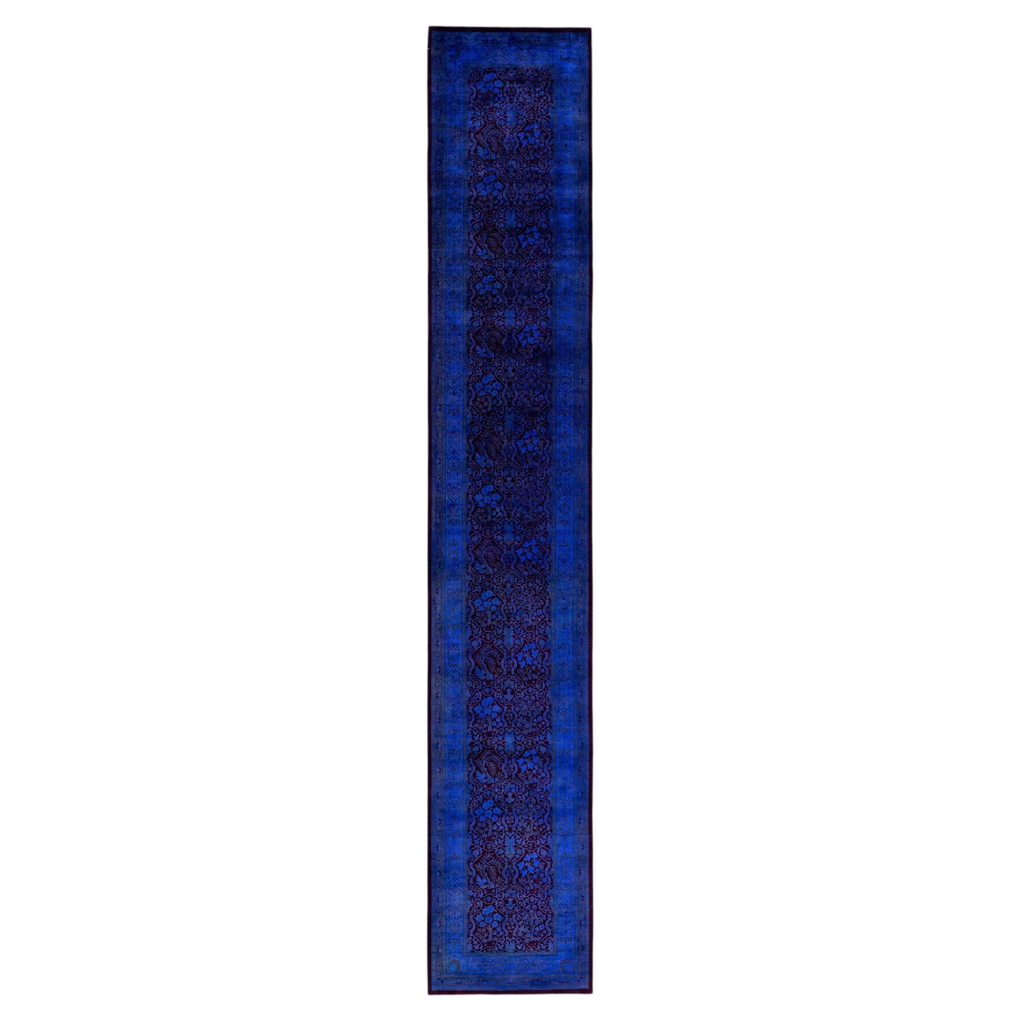 Overdyed Hand-Knotted Wool Modern-Contemporary Blue Runner 2' 6" x 14' 8" For Sale