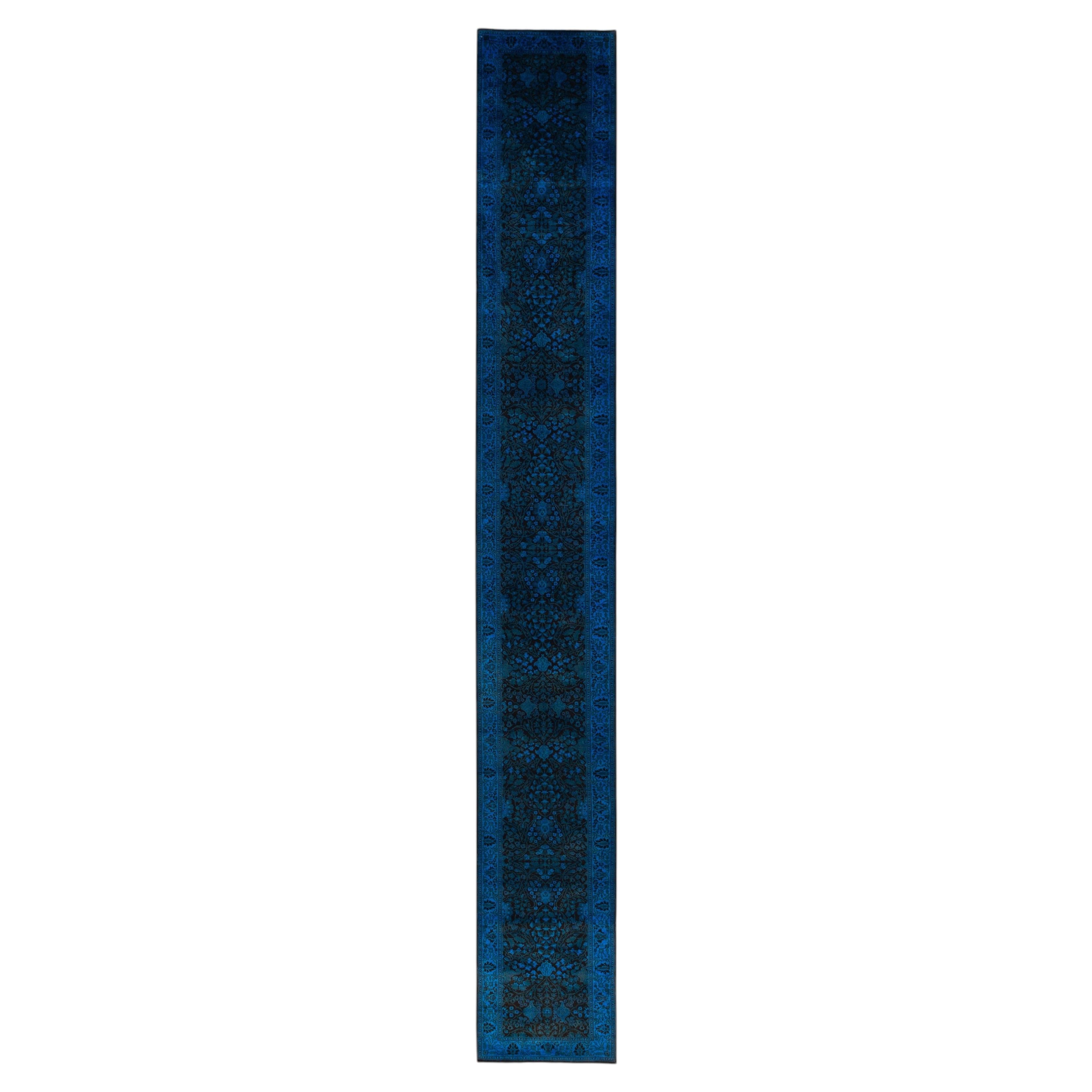 Overdyed Hand-Knotted Wool Modern-Contemporary Blue Runner 2' 7" x 20' 0" For Sale