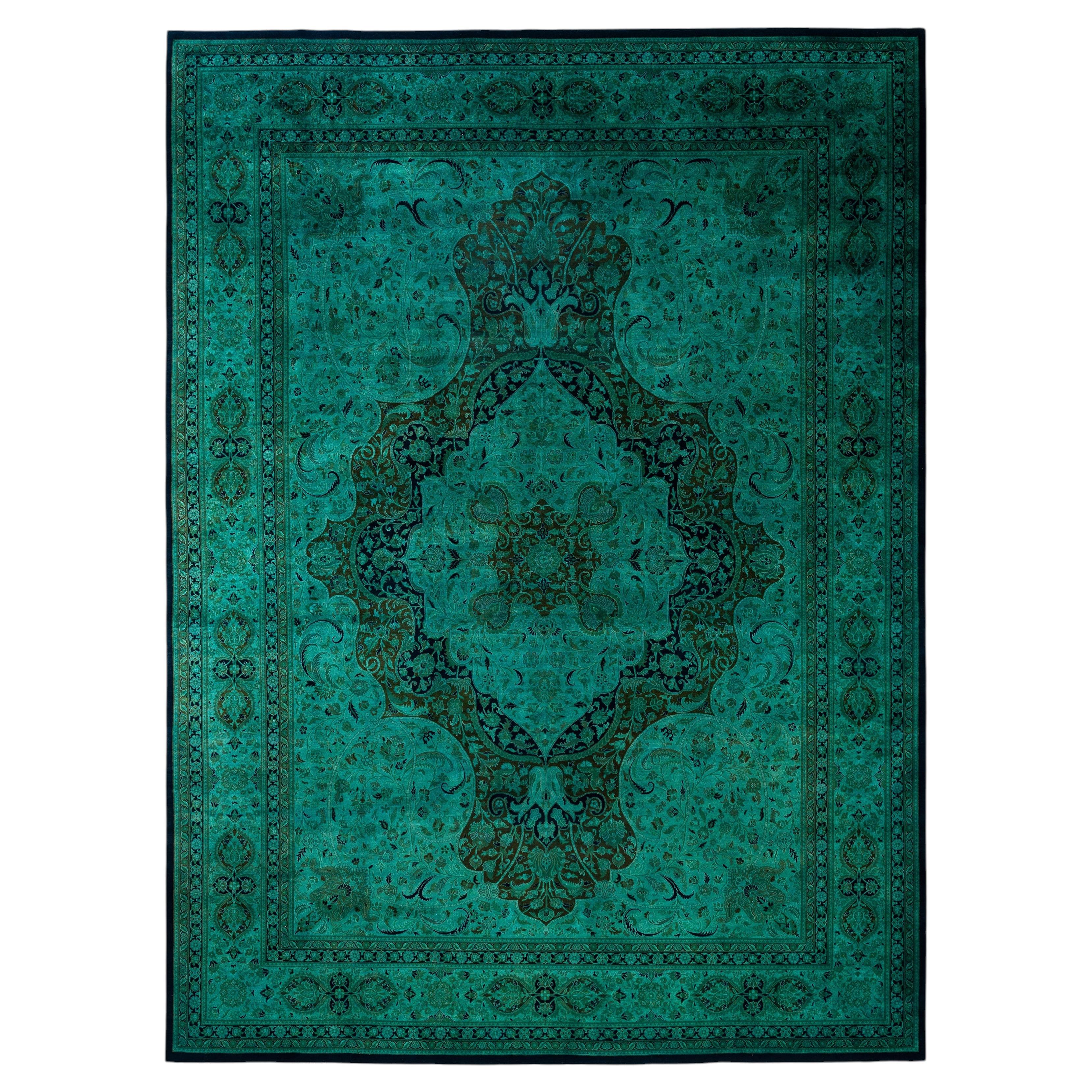 Overdyed Hand-Knotted Wool Modern-Contemporary Green Area Rug 10' 1" x 13' 7"