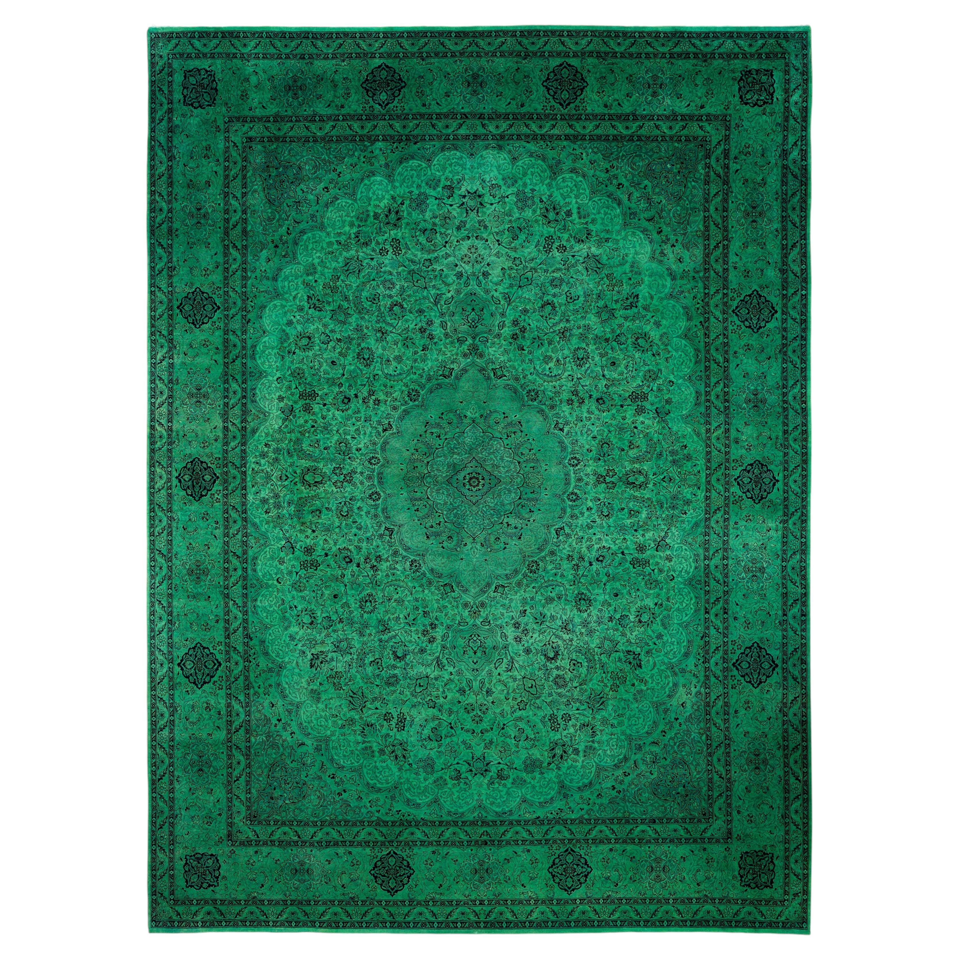 Overdyed Hand-Knotted Wool Modern-Contemporary Green Area Rug 11' 2" x 15' 2"