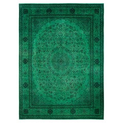 Alfombra de lana anudada a mano sobreteñida, moderna y contemporánea, verde 11' 2" x 15' 2