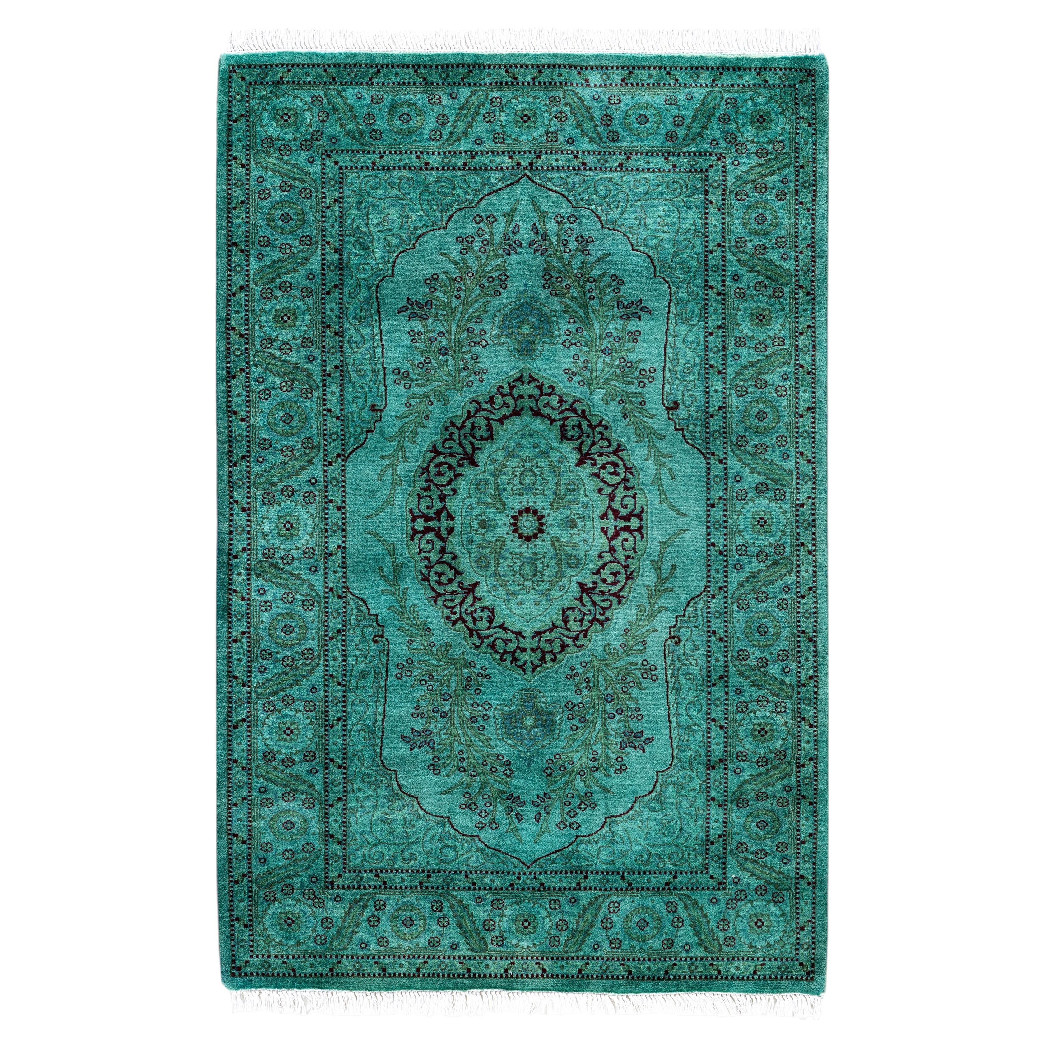 Overdyed Hand-Knotted Wool Modern-Contemporary Green Area Rug 2' 8" x 4' 2"