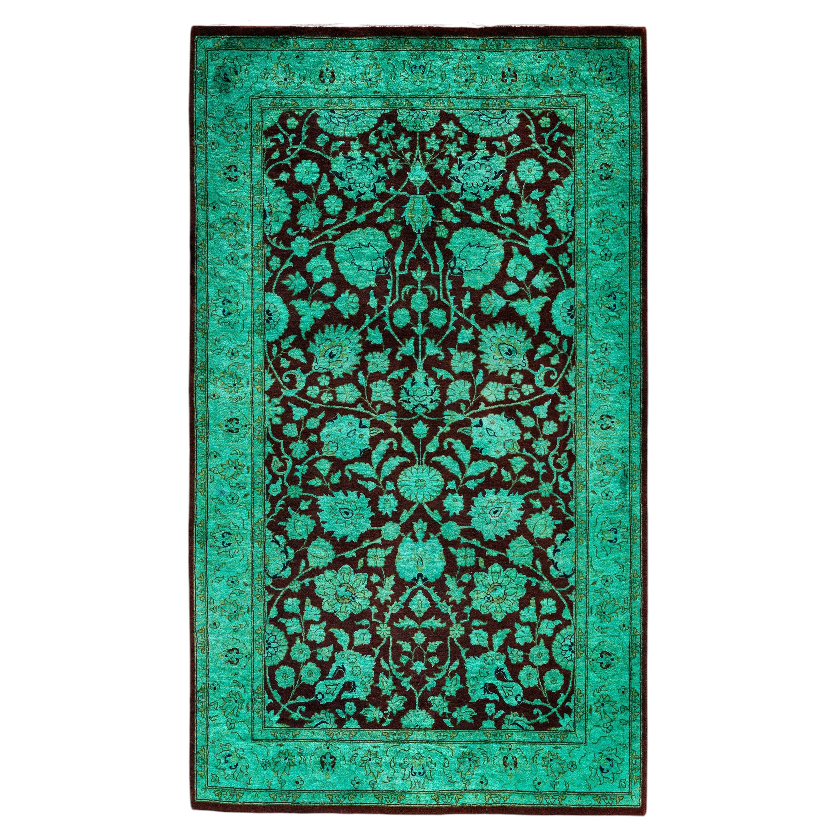 Overdyed Hand-Knotted Wool Modern-Contemporary Green Area Rug 3' 2" x 5' 4"