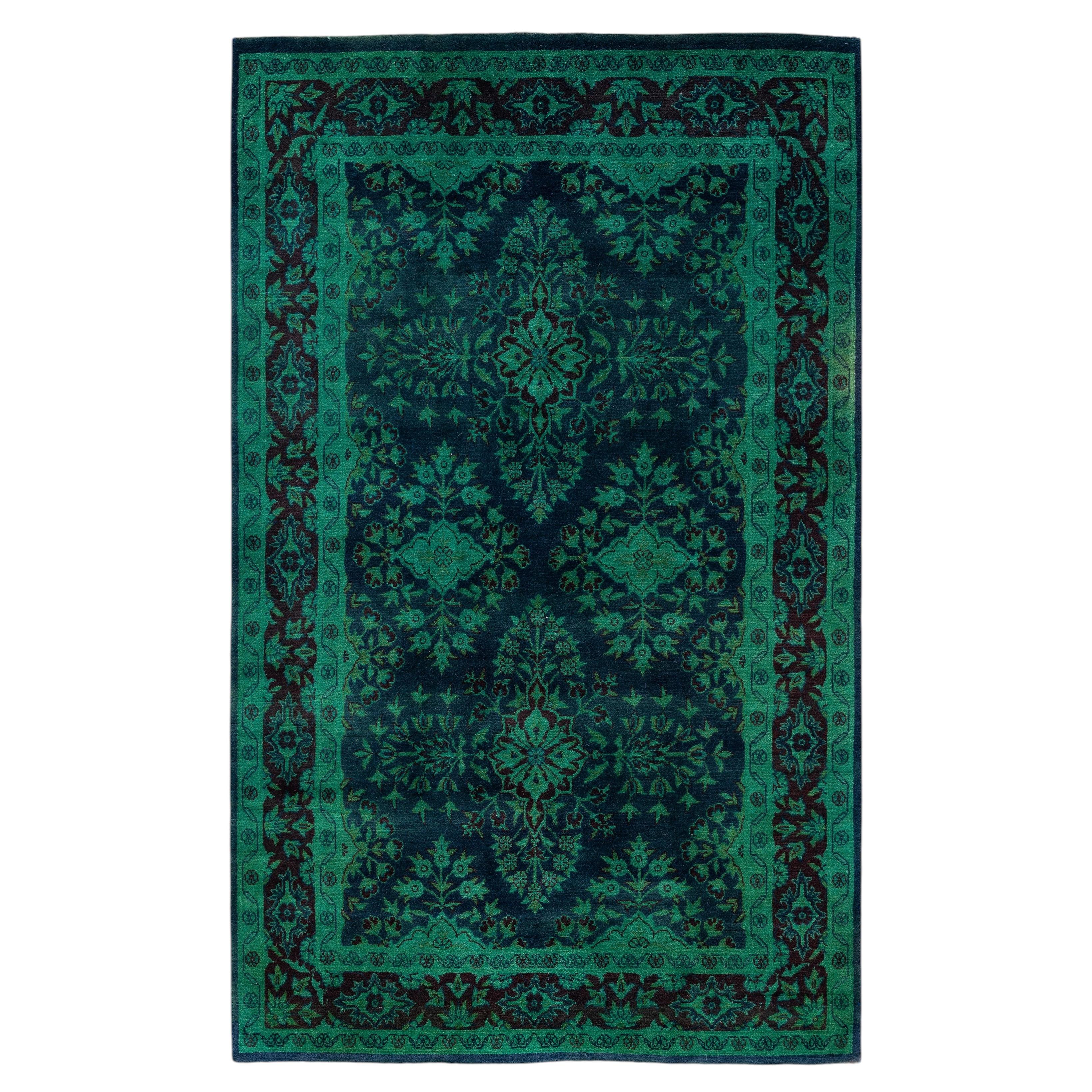 Overdyed Hand-Knotted Wool Modern-Contemporary Green Area Rug 3' 2" x 5' 4" For Sale