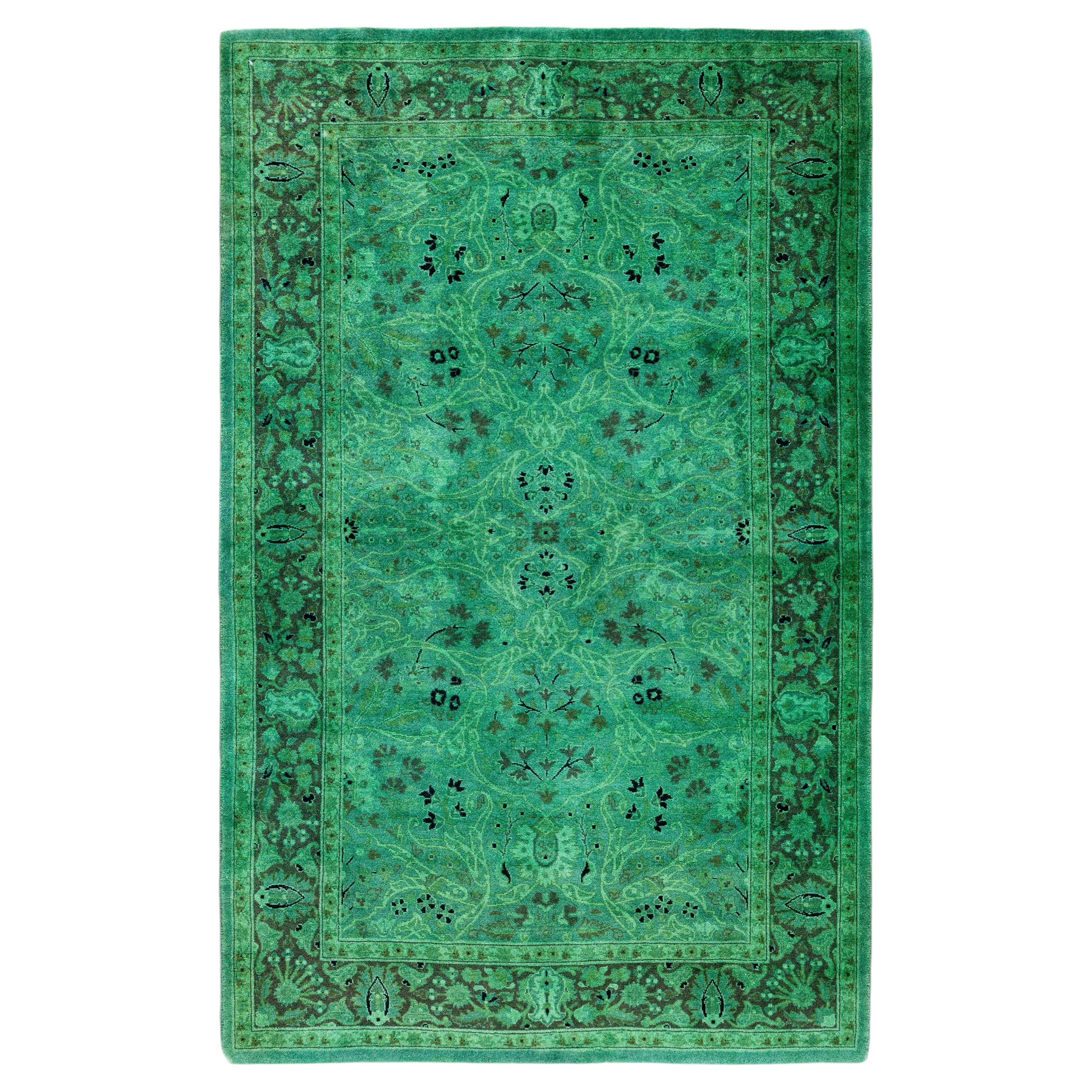 Overdyed Hand-Knotted Wool Modern-Contemporary Green Area Rug 3' 4" x 5' 2"