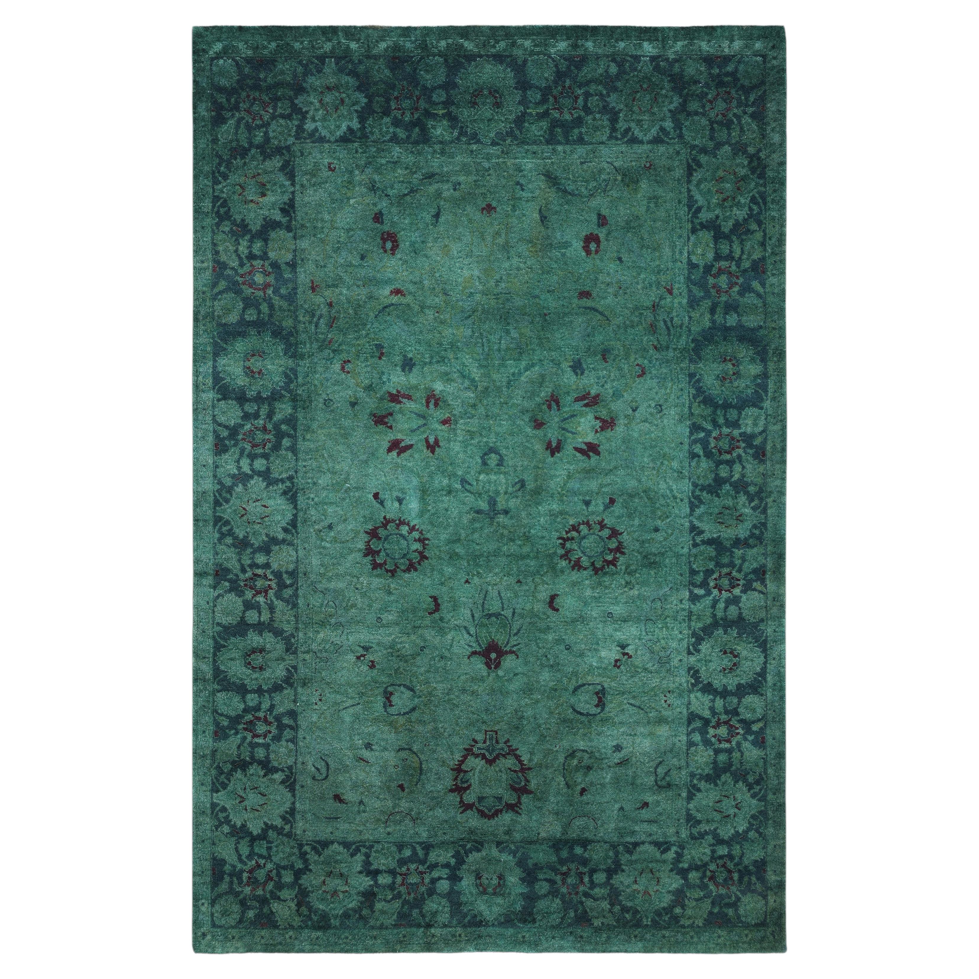 Overdyed Hand-Knotted Wool Modern-Contemporary Green Area Rug 4' 1" x 6' 4"
