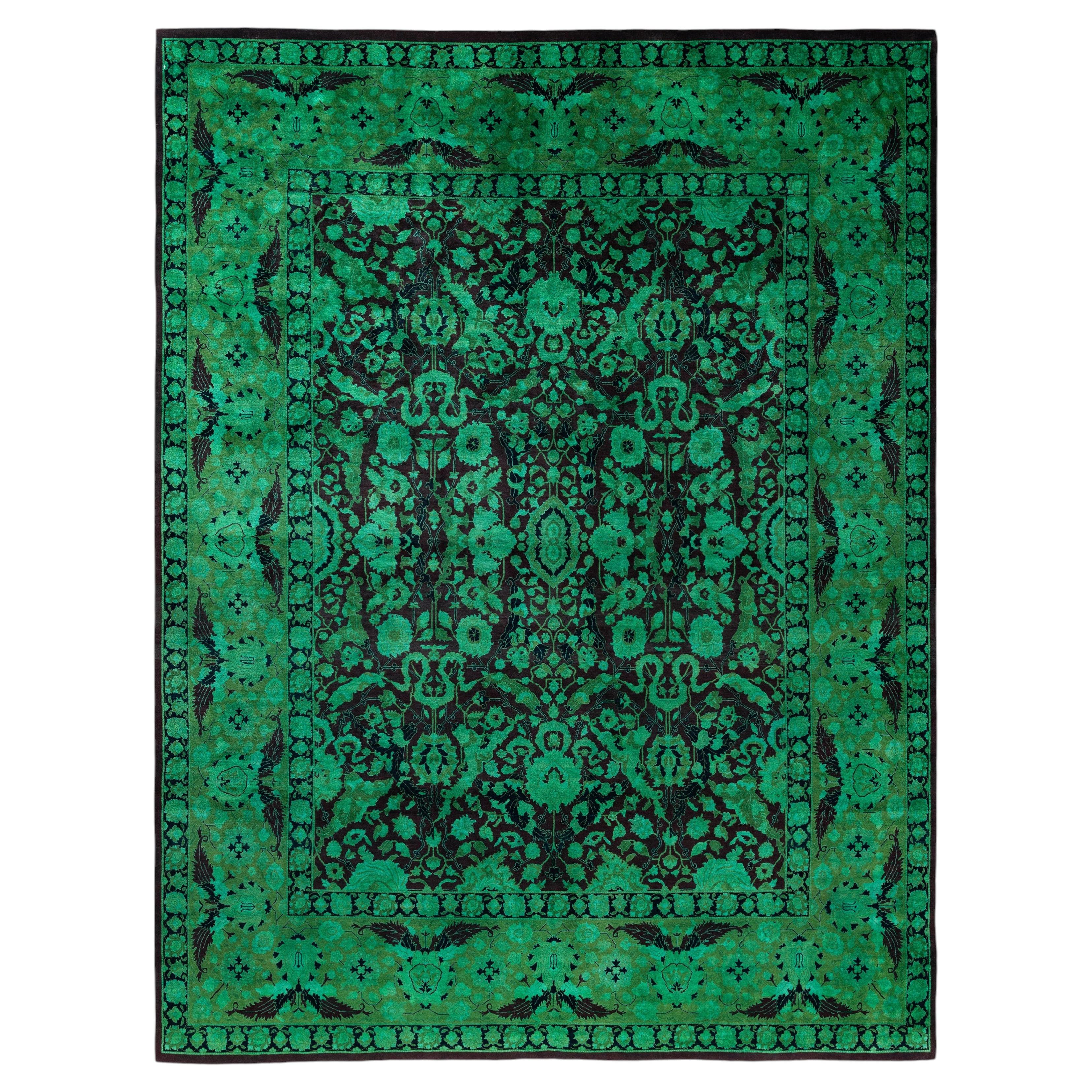 Overdyed Hand-Knotted Wool Modern-Contemporary Green Area Rug 7' 10" x 10' 5"