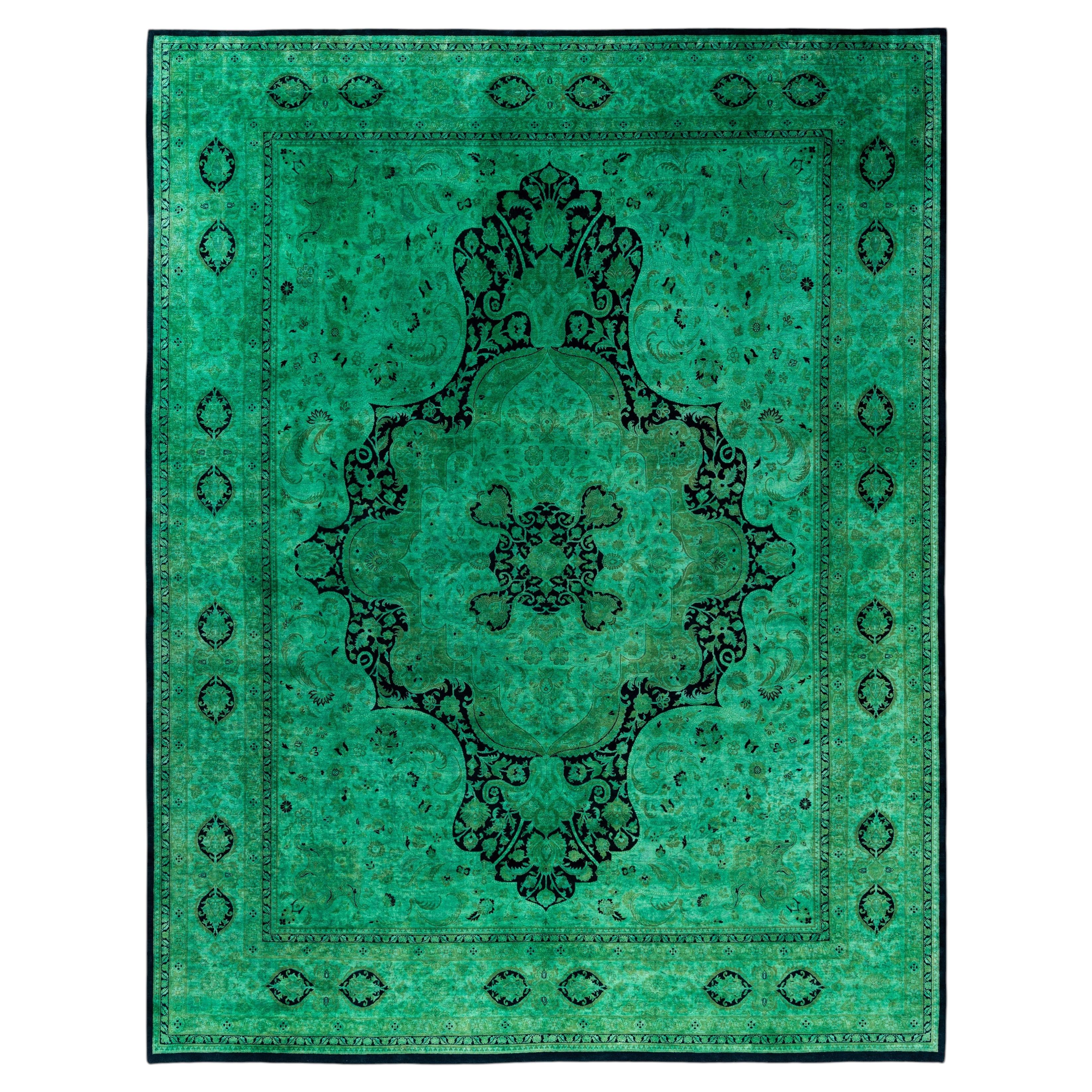 Overdyed Hand-Knotted Wool Modern-Contemporary Green Area Rug 8' 0" x 10' 5" For Sale