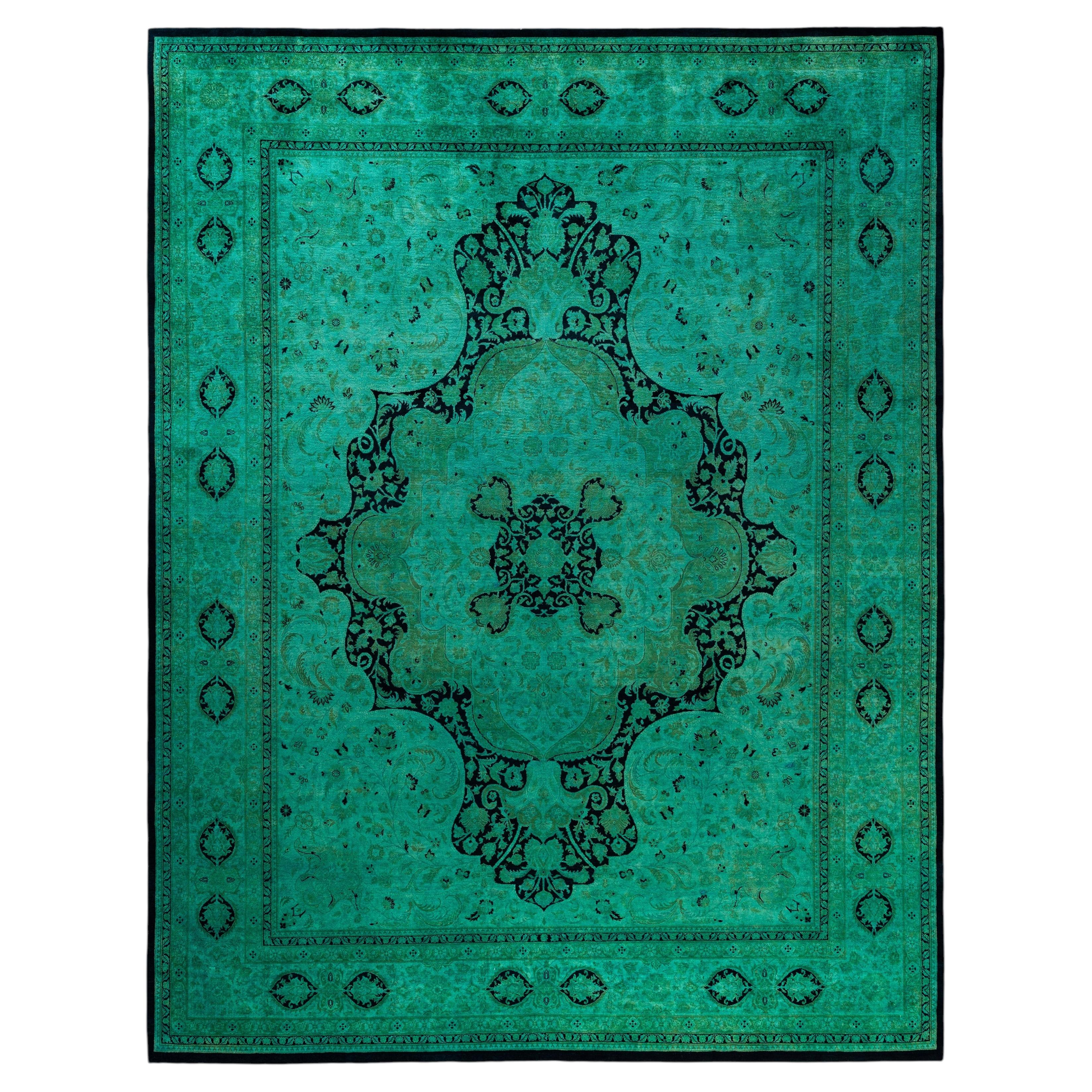 Overdyed Hand-Knotted Wool Modern-Contemporary Green Area Rug 8' 1" x 10' 6"