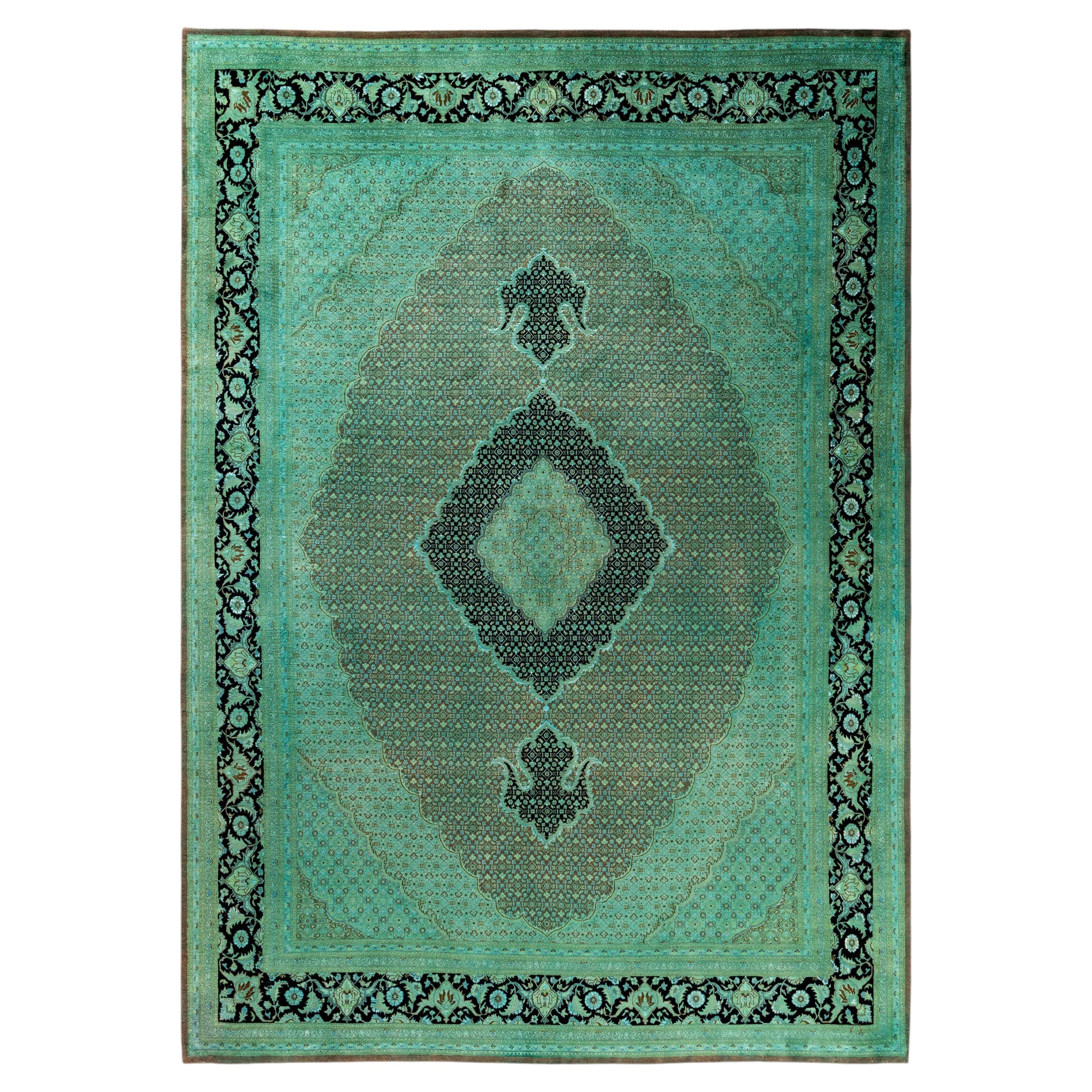 Overdyed Hand-Knotted Wool Modern-Contemporary Green Area Rug 8' 10" x 12' 7"