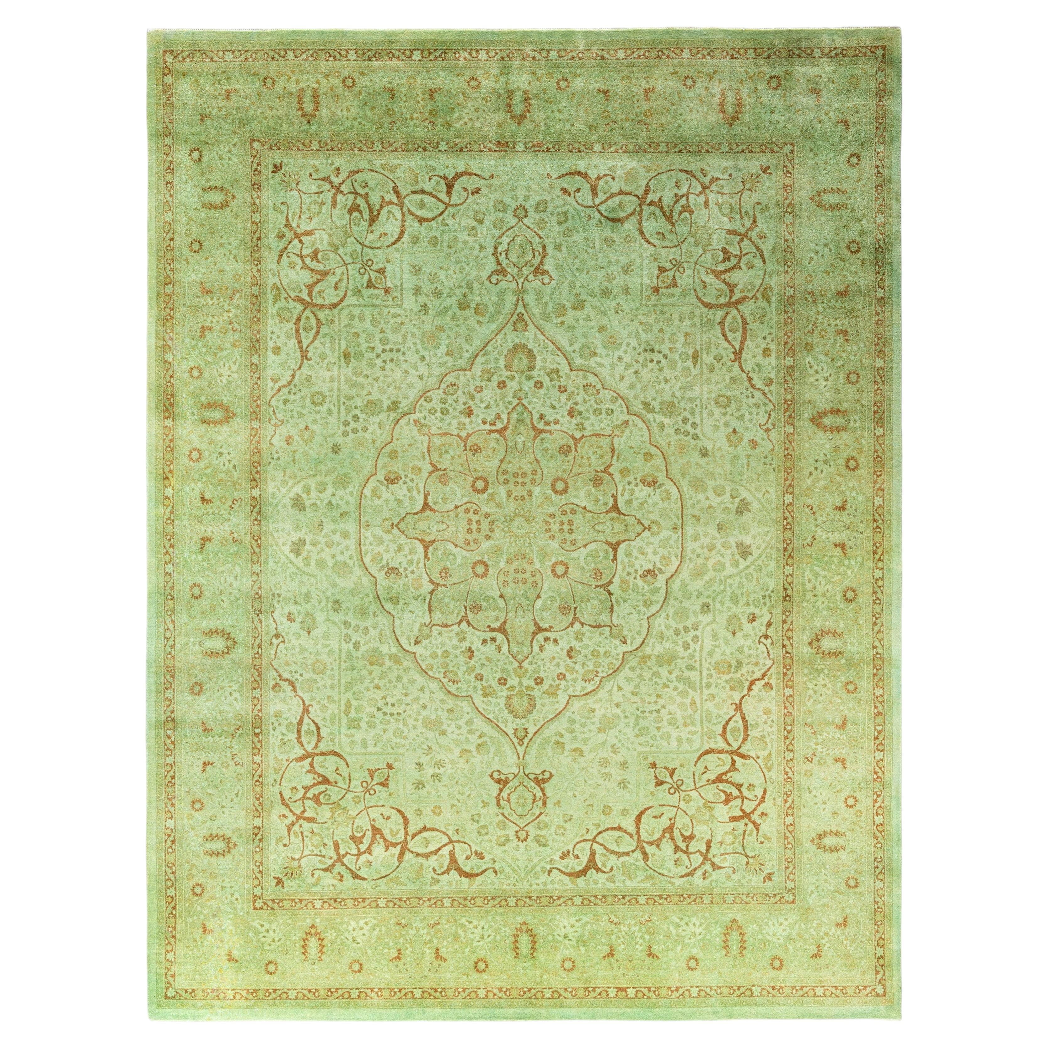 Overdyed Hand-Knotted Wool Modern-Contemporary Green Area Rug 8' 2" x 10' 5"