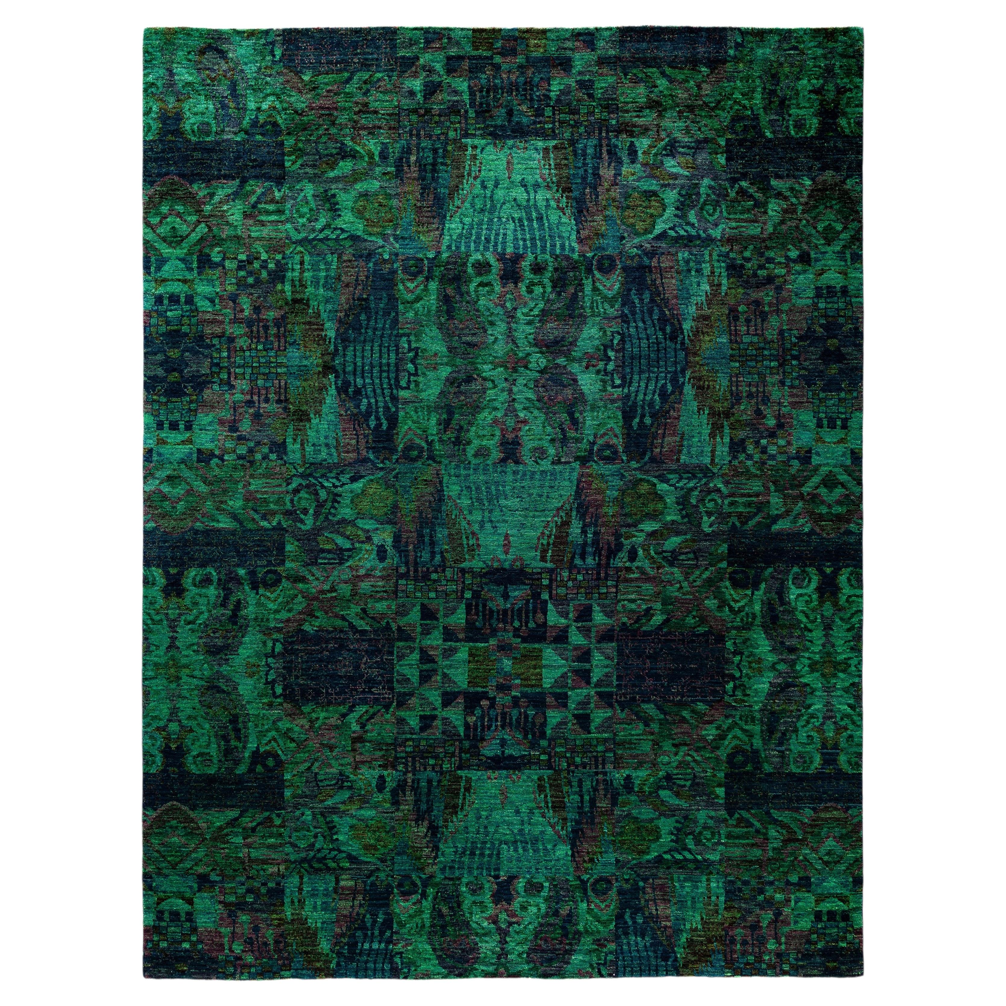 Overdyed Hand-Knotted Wool Modern-Contemporary Green Area Rug 9' 1" x 11' 9"