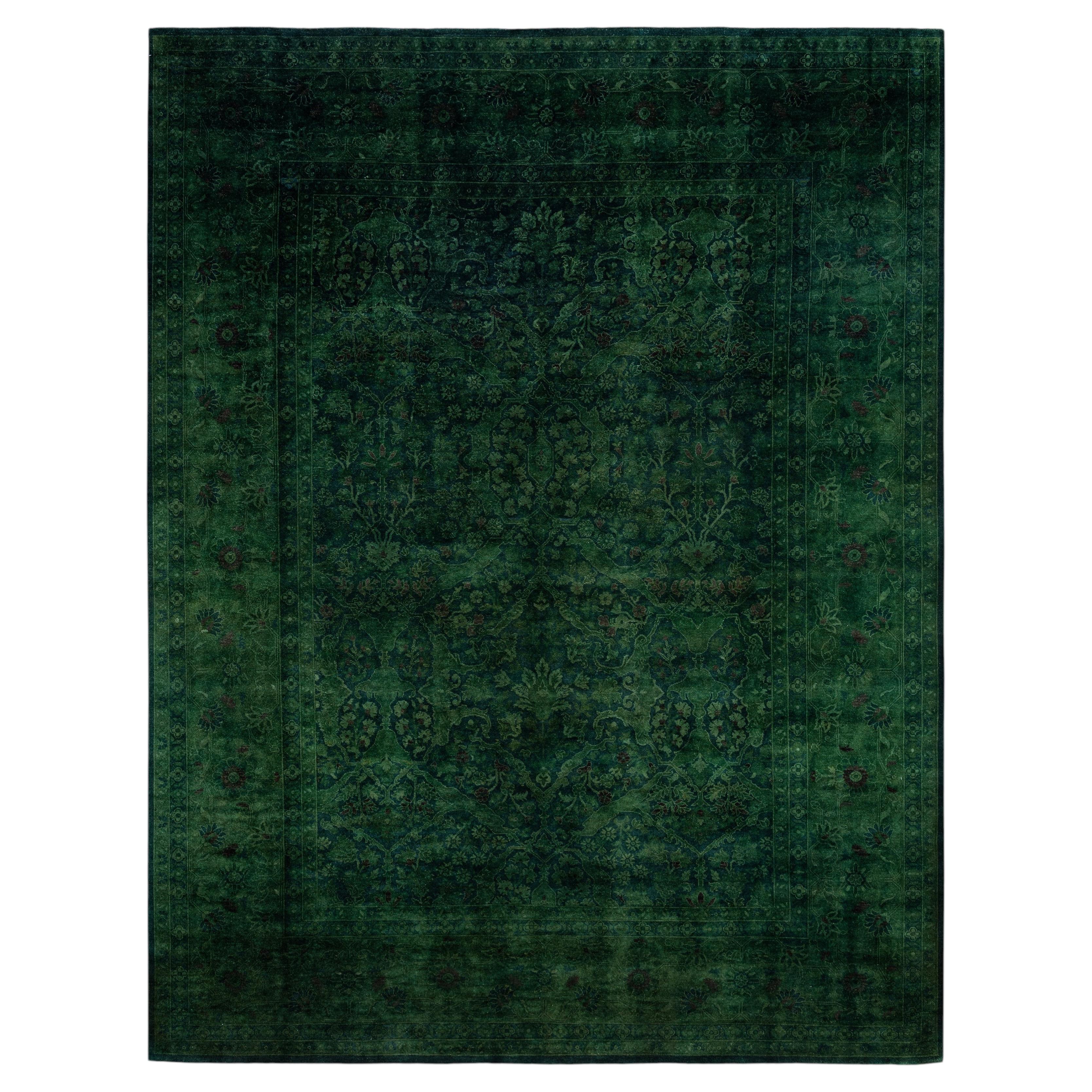 Overdyed Hand-Knotted Wool Modern-Contemporary Green Area Rug 9' 1" x 12' 1"